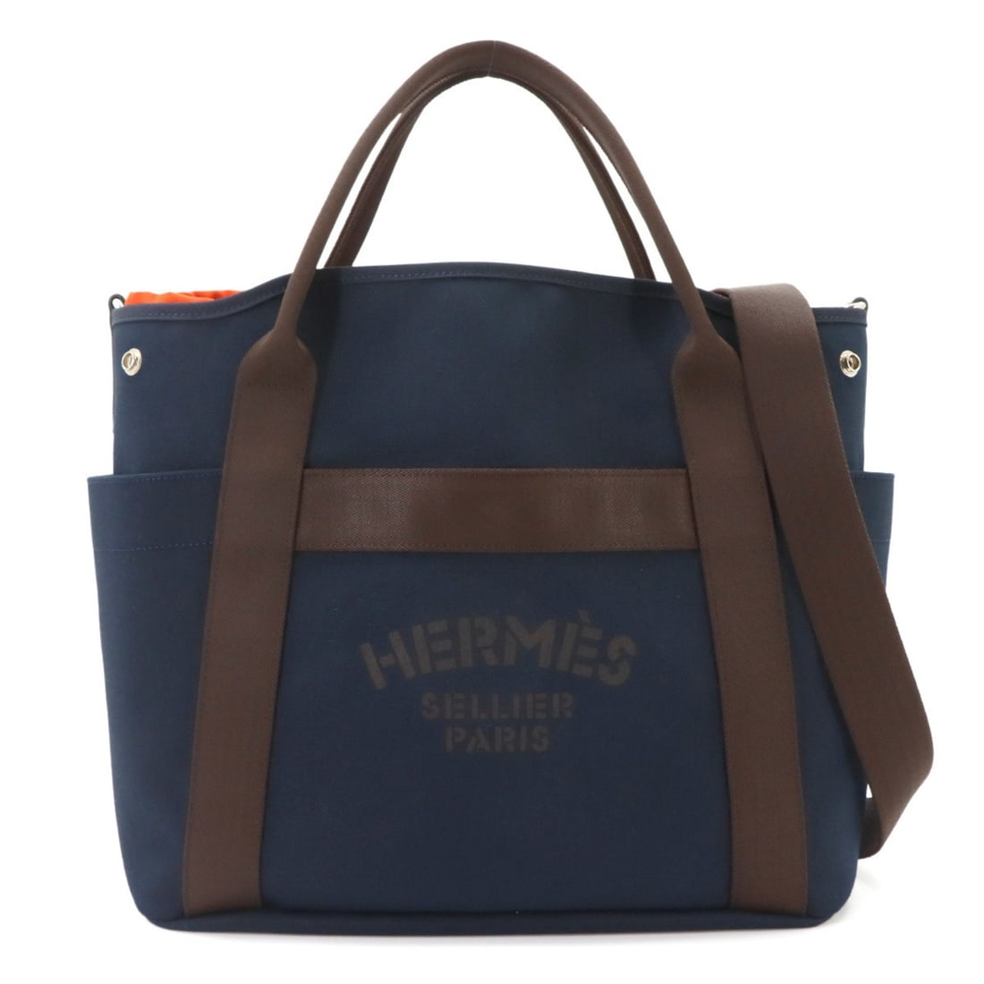 Hermes Sac De Pansage Groom 2-way Tote Shoulder Handbag Canvas Navy D Stamp: --- Catalog ---Category: SizeSize (HxWxD): 34cm x 38.5cm x 17cm / 13.38'' x 15.15'' x 6.69''Category: DesignType: Handbag, Tote bagColor: Brown, NavyGender: WomenMaterial: Canvas , Leather Category: G