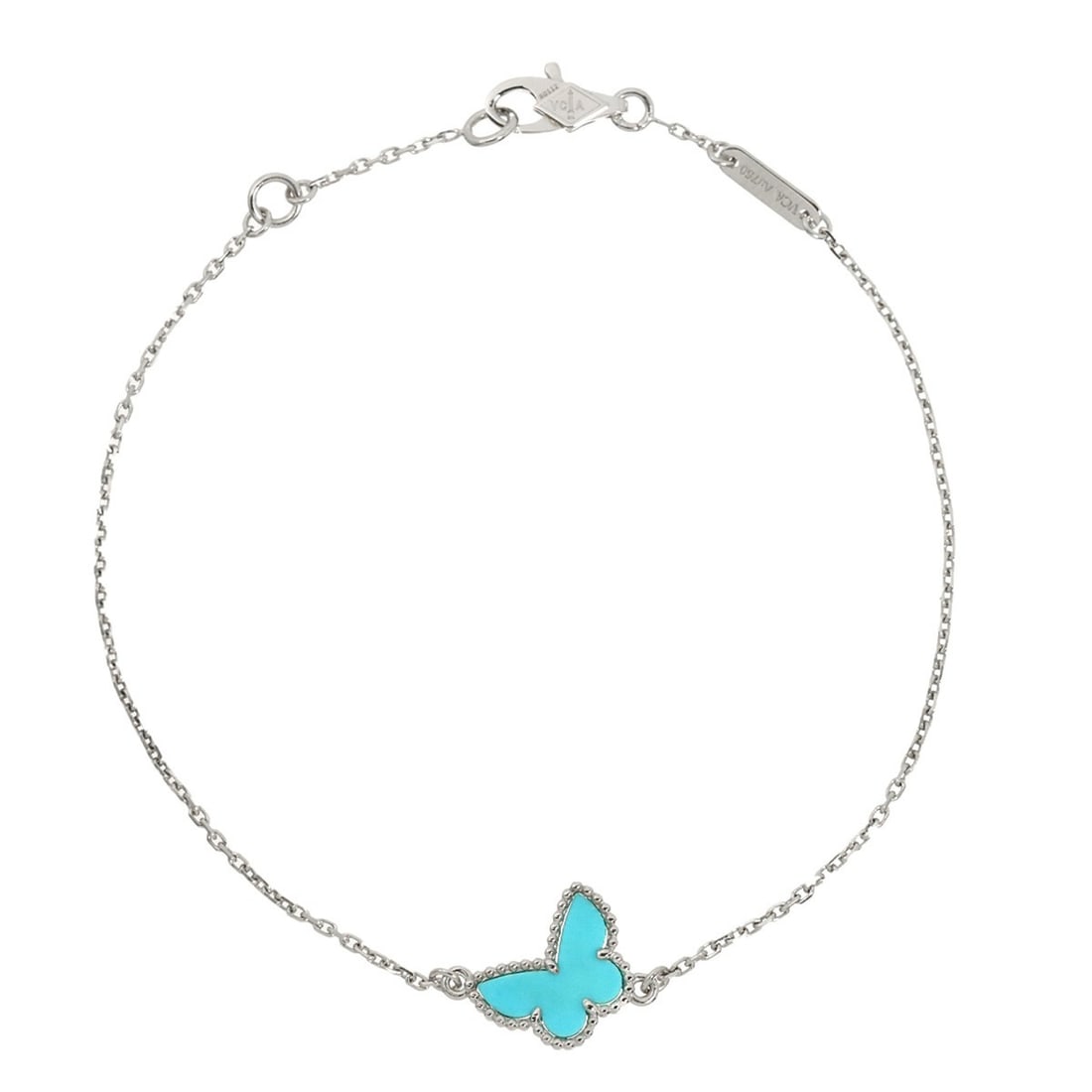 Van Cleef & Arpels VAC Sweet Alhambra Papillon Turquoise Bracelet 17.5cm 18K WG 750: --- Catalog ---Category: SizeLength: 17.5cm / 6.88''Category: DesignType: Charm braceletGender: WomenMaterial: White gold (18K)Category: GeneralBrand: Van Cleef & Arpels--- Item List ---Section: Condi