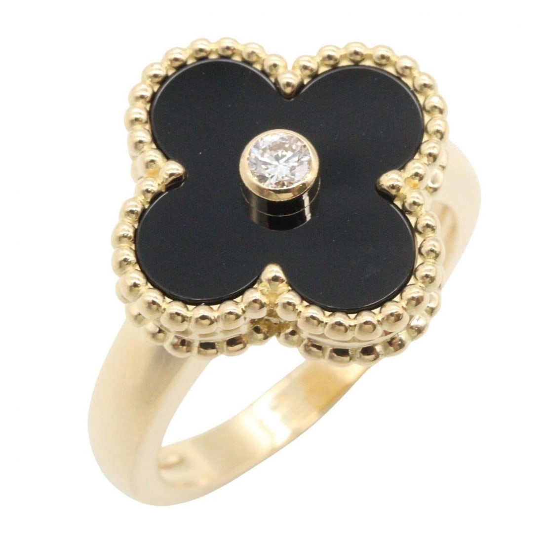 Van Cleef & Arpels Vintage Alhambra Onyx 1PD Ring - 18K (Yellow Gold) Diamond Women's Gold Tone: --- Catalog ---Category: SizeJP Size: 10.5US Size: 5.5Category: DesignType: Band ringColor: Black, Clear, GoldGender: WomenMaterial: Yellow gold (18K)Category: GeneralMPN: VCARA41000Brand: Van Cleef &