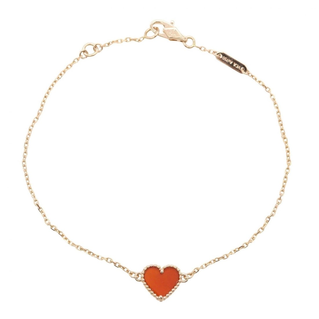 Van Cleef & Arpels Sweet Alhambra Heart Bracelet, 18K Pink Gold (PG), Carnelian, Women's, Gold/Red: --- Catalog ---Category: SizeLength: 17.5cm / 6.88''Category: DesignType: Charm braceletColor: Gold, Red colorGender: WomenMaterial: Pink gold (18K)Category: GeneralMPN: VCARN59L00Brand: Van Cleef &