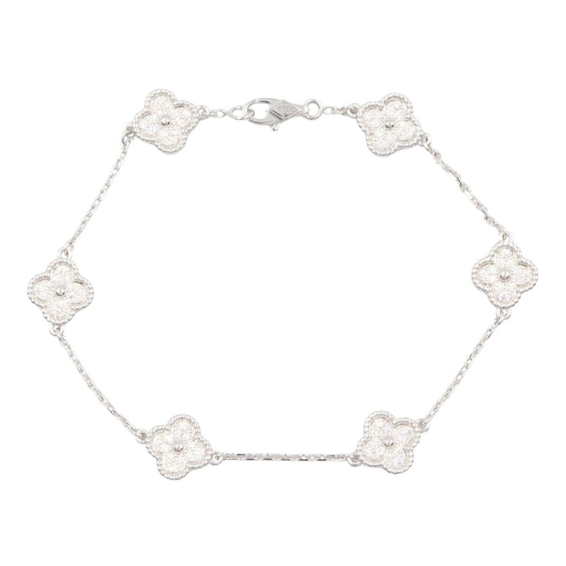Van Cleef & Arpels Sweet Alhambra Diamond 6-Motif Bracelet, 18K White Gold (18KWG), Diamond,: --- Catalog ---Category: SizeLength: 16.5cm / 6.49''Category: DesignType: Charm braceletColor: Clear, SilverGender: WomenMaterial: White gold (18K)Category: GeneralMPN: VCARO85700Brand: Van Cleef & Ar
