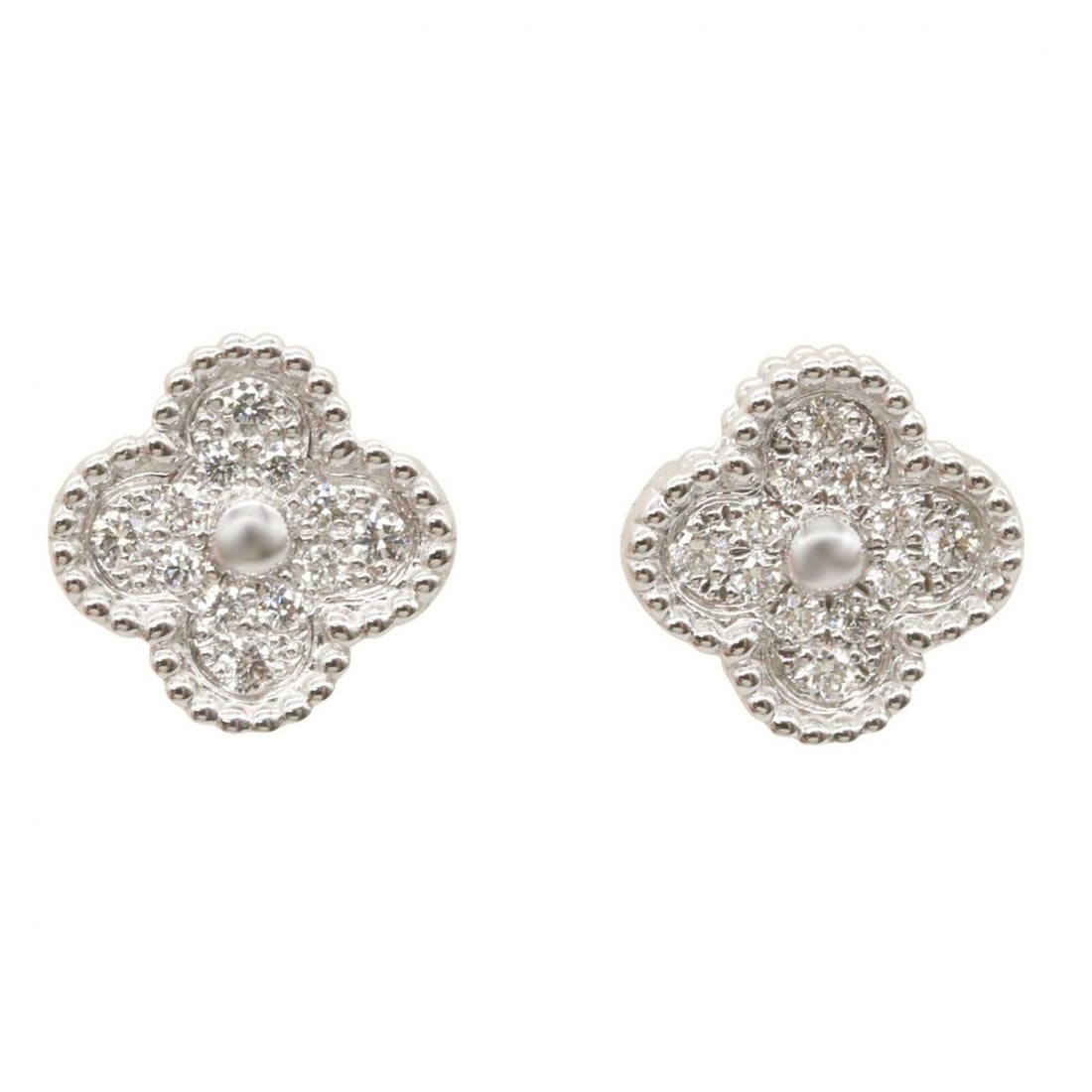 Van Cleef & Arpels Sweet Alhambra Diamond Earrings, 18K White Gold (18KWG), Silver/Clear Tone,: --- Catalog ---Category: SizeSize (HxWxD): 9.00mm x 9.00mm / 0.35'' x 0.35''Category: DesignType: Stud earringsColor: Clear, SilverGender: WomenMaterial: White gold (18K)Category: GeneralMPN: