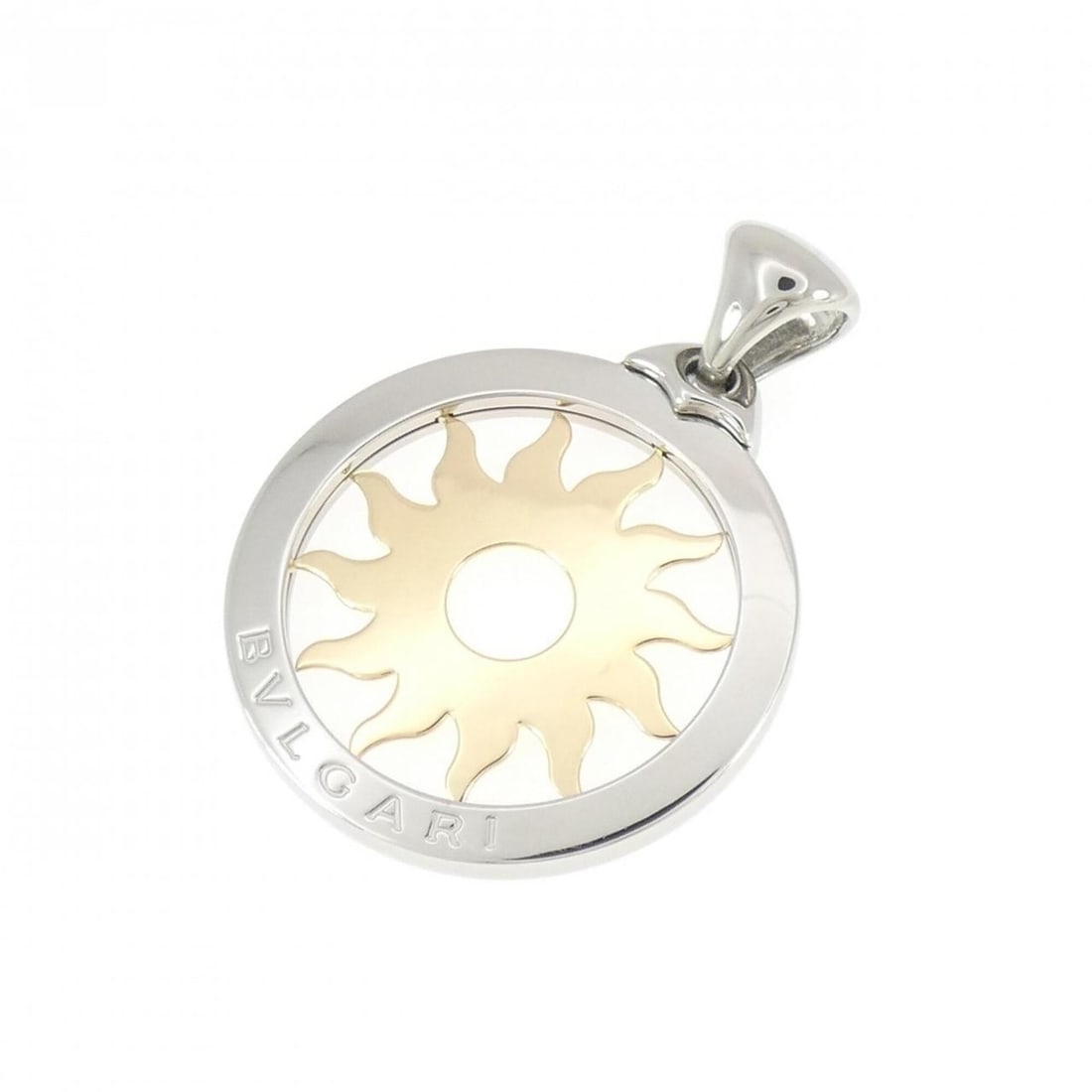 Bvlgari Tondo Sun Pendant: --- Catalog ---Category: SizePendant Size: 60mm x 43.4mm / 2.36'' x 1.7''Category: DesignGender: WomenMaterial: Stainless steel, Yellow gold (18K)Necklace Type: PendantCategory: GeneralBrand: