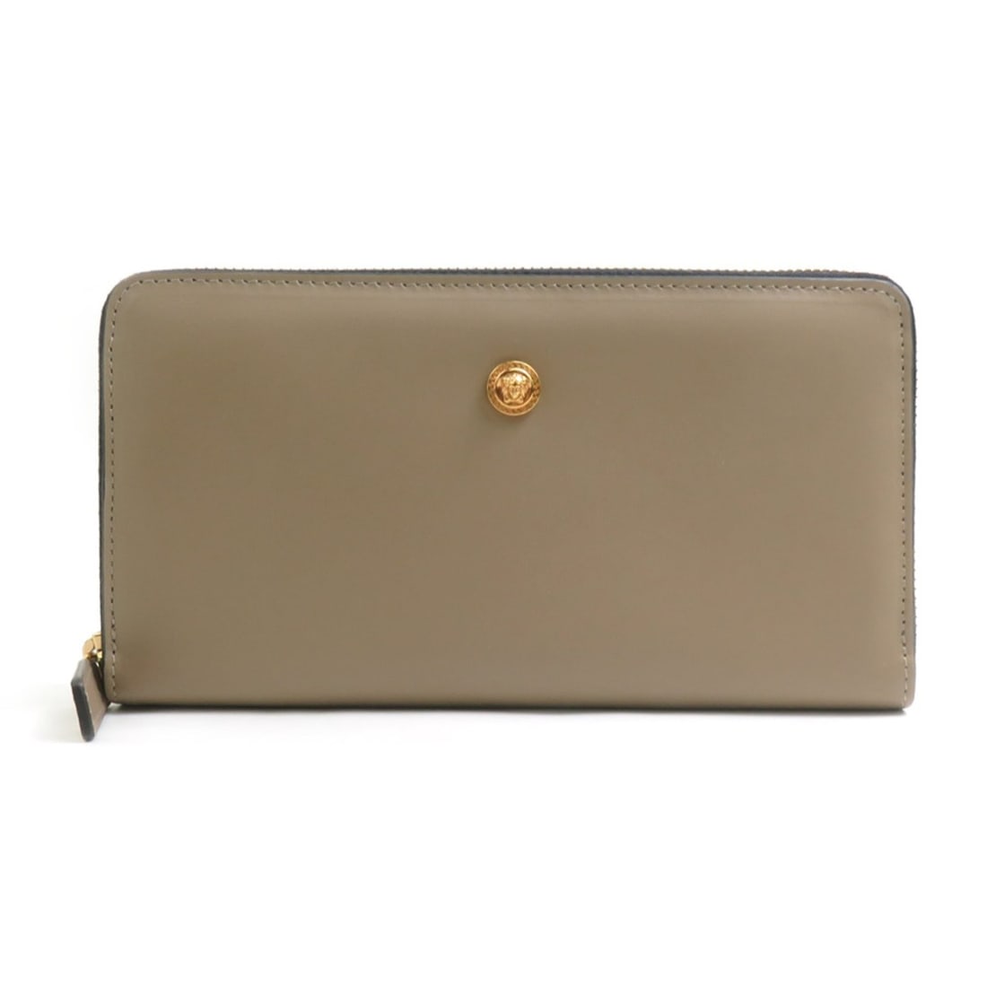 Versace round zipper long wallet, leather, greige/gold, men's/women's, e61963a: --- Catalog ---Category: SizeSize (HxWxD): 10.5cm x 19.3cm x 2cm / 4.13'' x 7.59'' x 0.78''Category: DesignType: Long wallet (bi-fold)Color: GrayishGender: Men,WomenMaterial: Leather Category: