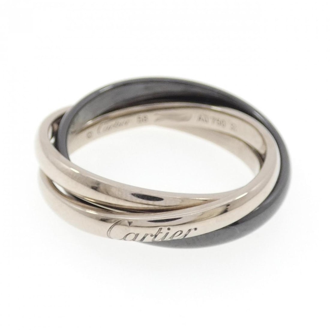 Cartier Classic Trinity Ring: --- Catalog ---Category: SizeUS Size: 9Brand Size: 58Category: DesignType: Band ringColor: Black, White goldGender: WomenMaterial: Ceramic, White gold (18K)Category: GeneralMPN: B4234100Brand: