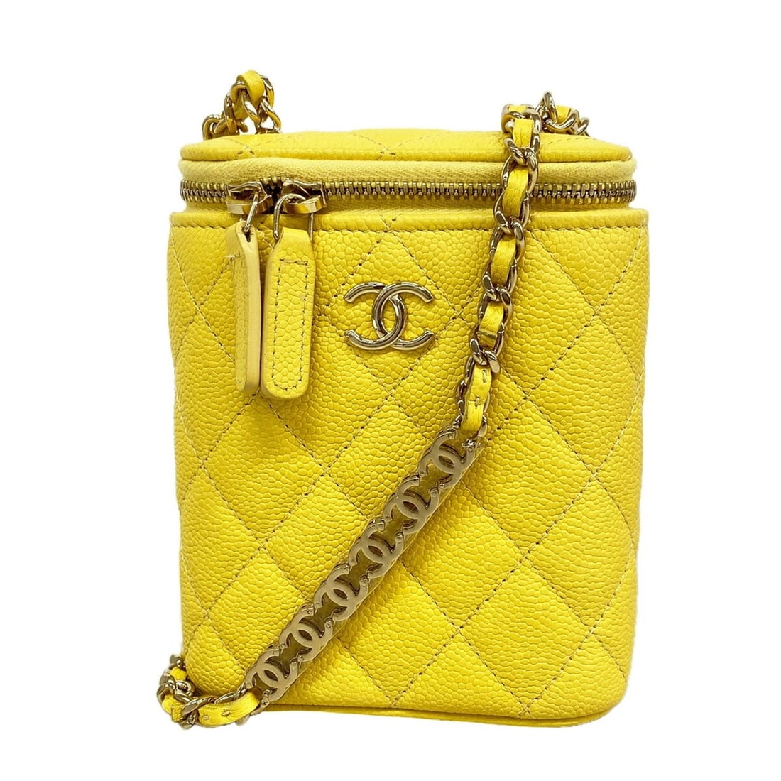 Chanel Matelassé Chain Shoulder Bag, Caviar Leather, Yellow Champagne, Women's, OP024996: --- Catalog ---Category: SizeSize (HxWxD): 13cm x 10.5cm x 4cm / 5.11'' x 4.13'' x 1.57''Category: DesignType: Shoulder bagColor: YellowGender: WomenMaterial: Grained Calfskin Category: GeneralBrand: