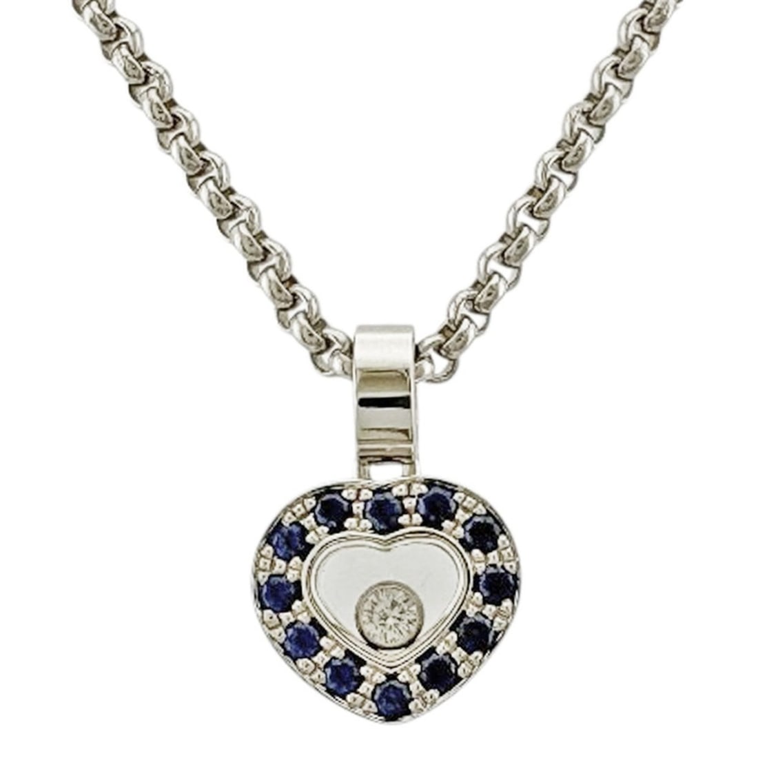 Chopard Happy Diamonds Necklace, 18K Gold, Diamonds, Sapphires, Women's: --- Catalog ---Category: SizePendant Size: 10mm x 15mm / 0.39'' x 0.59''Neck Circumference: 42 cm / 16.53''Category: DesignColor: SilverGender: WomenMaterial: White gold (18K)Necklace Type: NecklaceCa