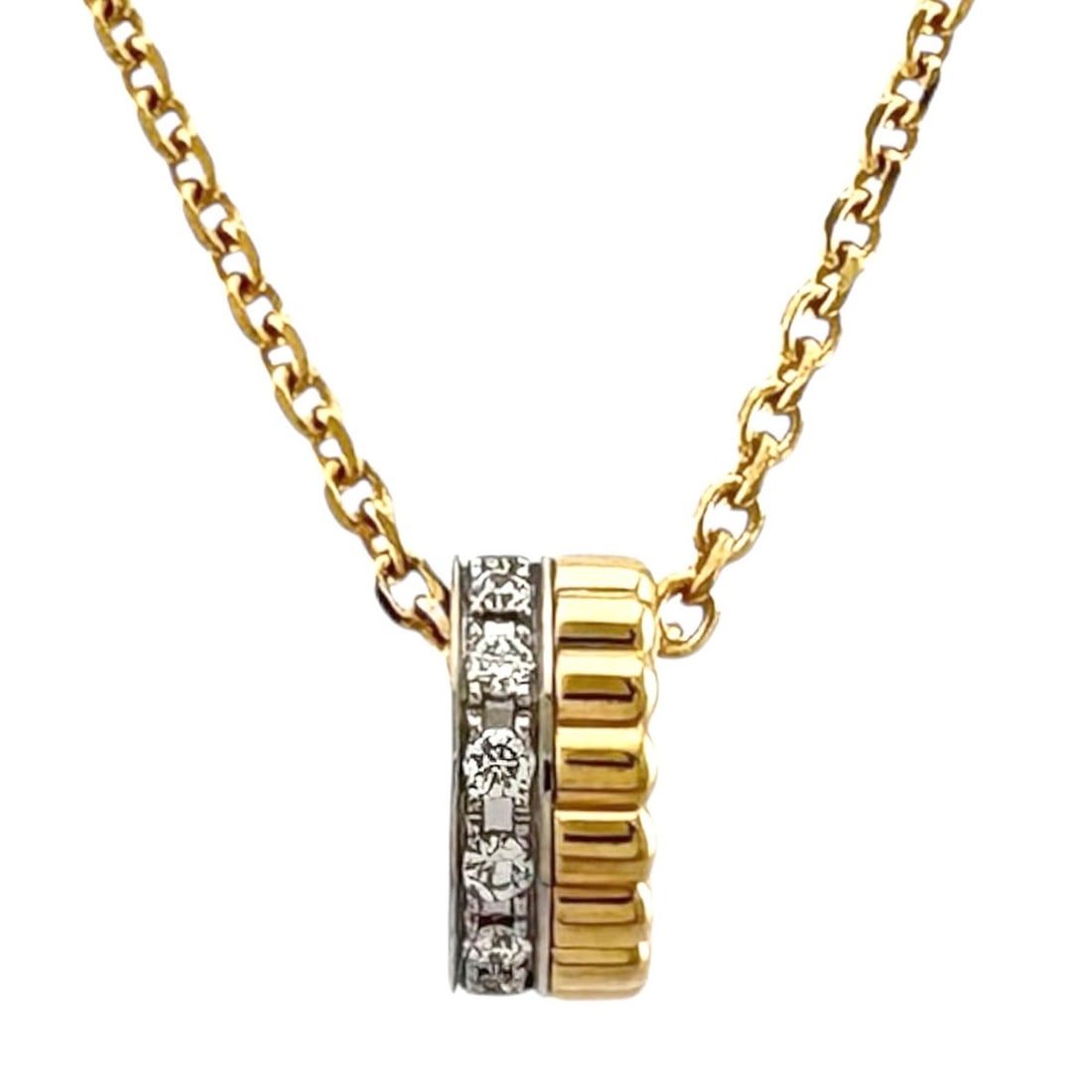 Boucheron Quatre Radiant Diamond Mini Necklace, 18K Gold Necklace for Women: --- Catalog ---Category: SizePendant Size: 7.5mm x 3mm / 0.29'' x 0.11''Neck Circumference: 45 cm / 17.71''Category: DesignColor: Gold, SilverGender: WomenMaterial: White gold (18K), Yellow gold (18K)