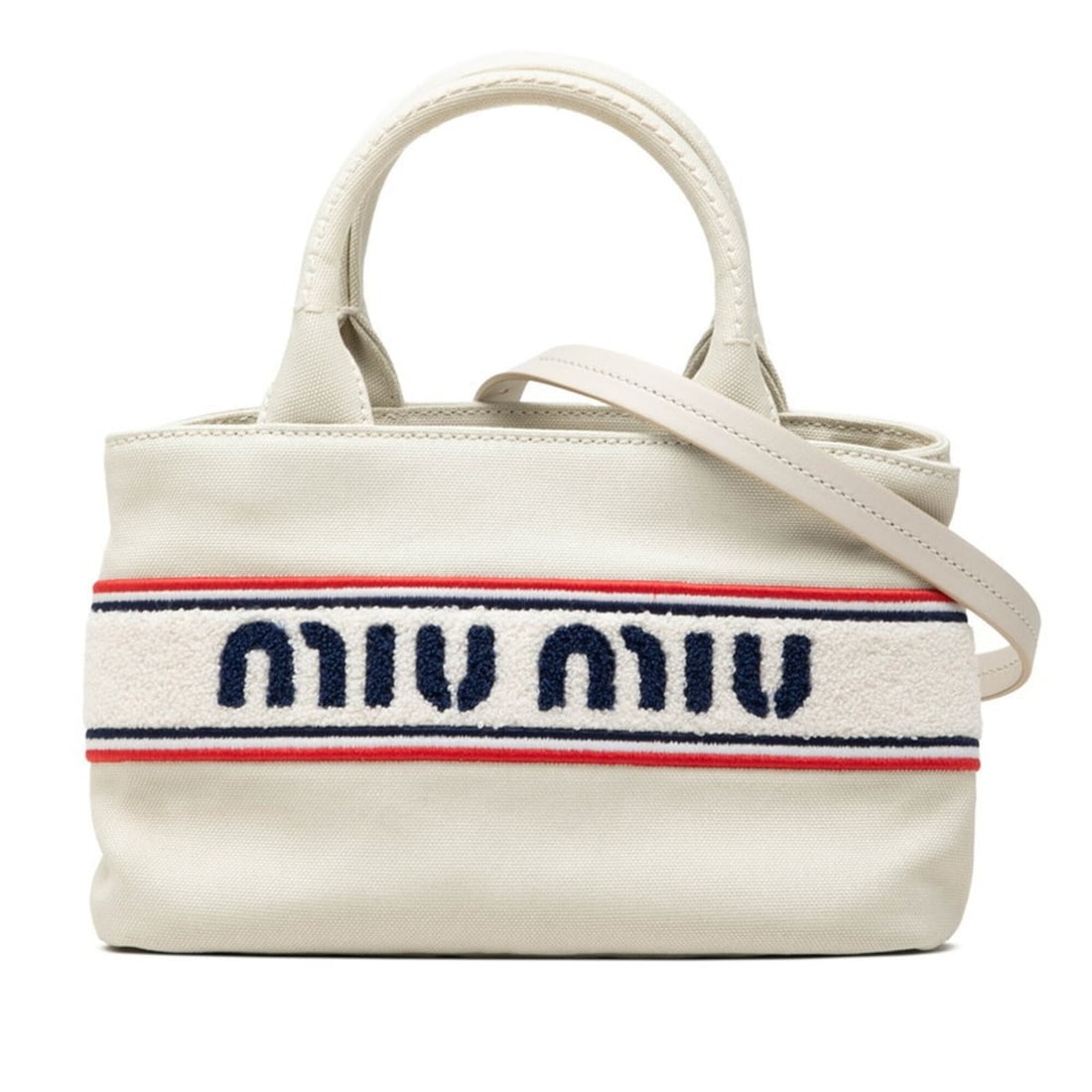 Miu Miu Miu Logo Handbag Shoulder Bag 2-Way White Blue Red Canvas Women's MIUMIU: --- Catalog ---Category: SizeSize (HxWxD): 14cm x 23.5cm x 12.5cm / 5.51'' x 9.25'' x 4.92''Category: DesignType: Handbag, Shoulder bagColor: Blue, Red color, WhiteGender: WomenMaterial: Canvas Catego