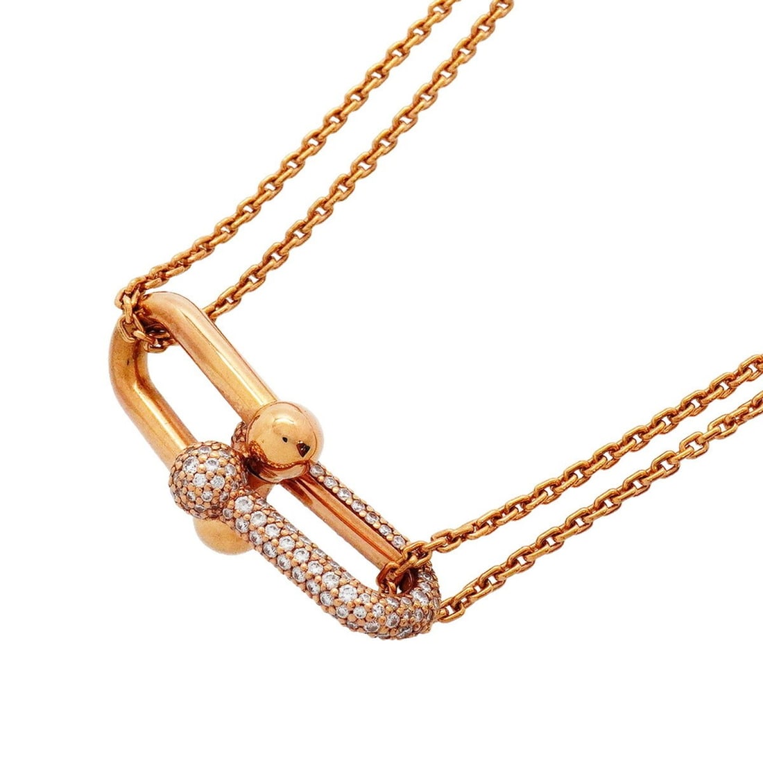 Tiffany & Co. Hardware Double Link Large Necklace, 18K Pink Gold, 0.74ct Diamond, Women's: --- Catalog ---Category: SizePendant Size: 11.8mm x 30.4mm / 0.46'' x 1.19''Neck Circumference: 40.5 cm / 15.94''Category: DesignStone: DiamondGender: WomenMaterial: Pink gold (18K)Necklace Type: Neck