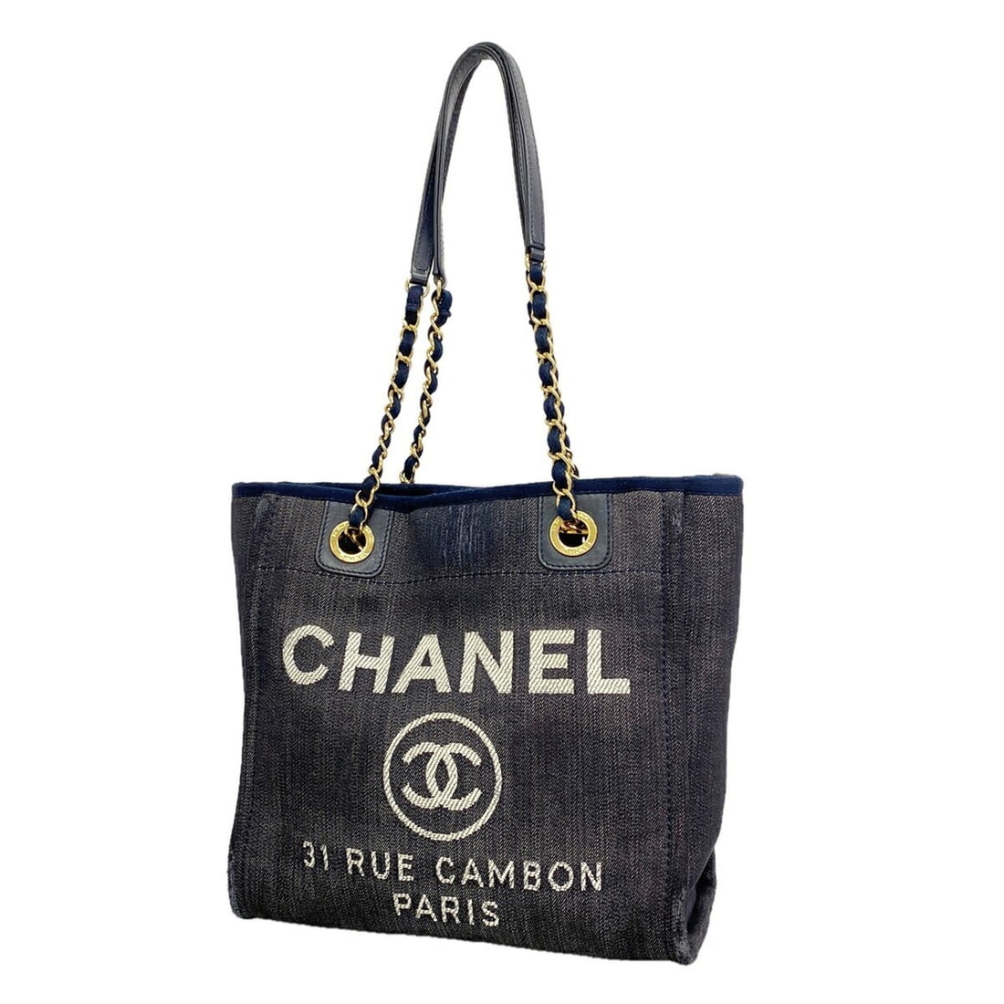 Chanel Deauville Chain Tote Bag, Denim, Navy, Women's, P3465776: --- Catalog ---Category: SizeSize (HxWxD): 25cm x 25cm x 9cm / 9.84'' x 9.84'' x 3.54''Category: DesignType: Tote bagColor: NavyGender: WomenMaterial: Denim Hardware Color: GoldCategory: GeneralBrand: