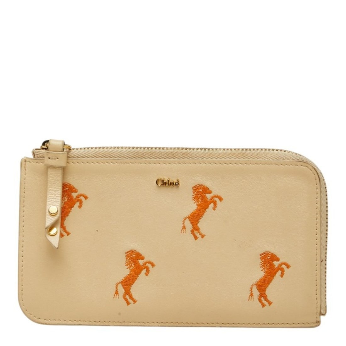 Chloé Chloe Little Horse Round Zipper Business Card Holder/Card Case Fragment Beige Leather Women's