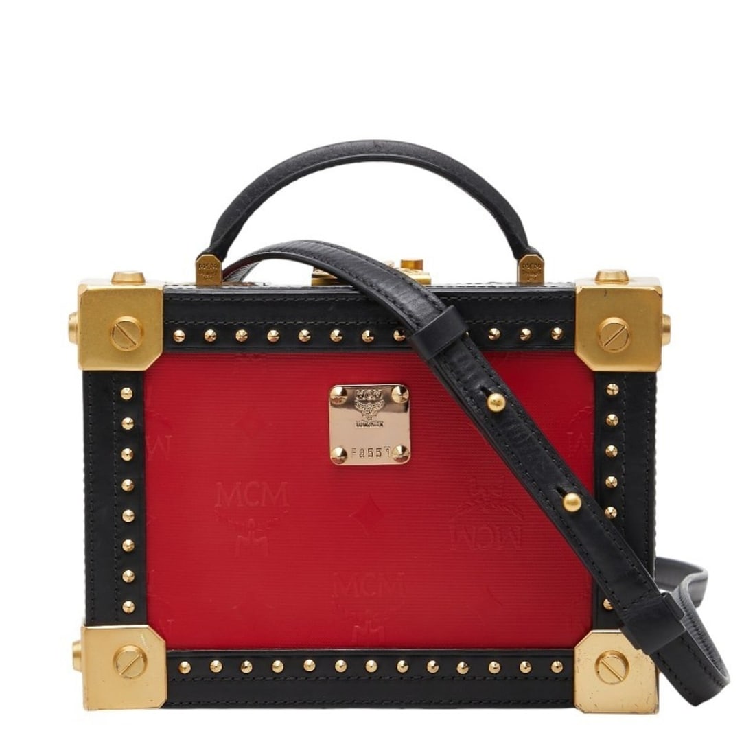 MCM Logo Studded Handbag/Shoulder Bag 2-Way Red Black Gold Leather Women's