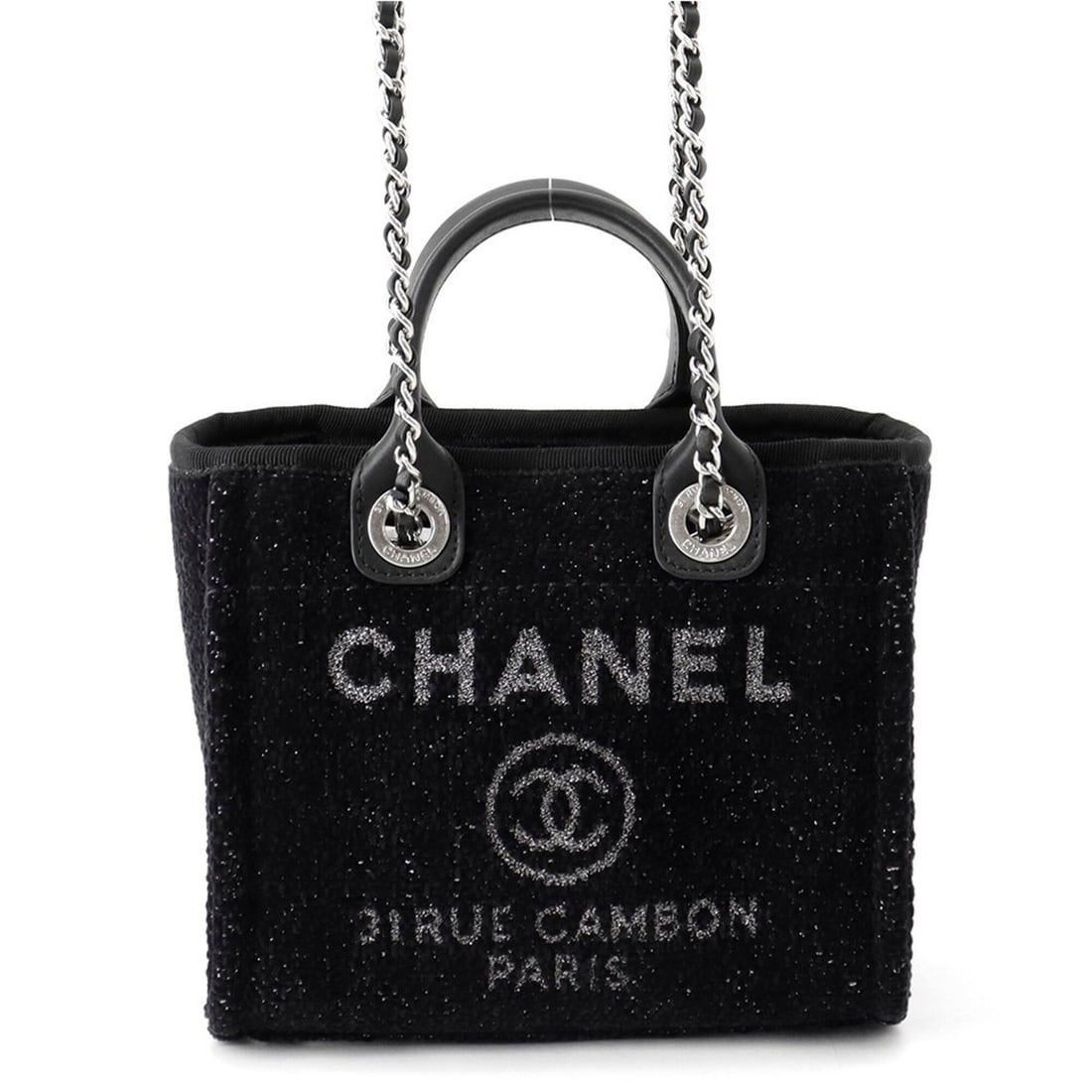 Chanel Deauville Mini Tote Bag, Lame Tweed Leather, A86374, CHANEL Handbag, Black, Handbag for: --- Catalog ---Category: SizeSize (HxWxD): 17cm x 18.5cm x 9cm / 6.69'' x 7.28'' x 3.54''Category: DesignType: Tote bagColor: BlackGender: WomenMaterial: Tweed , Leather Category: GeneralBrand: Chanel