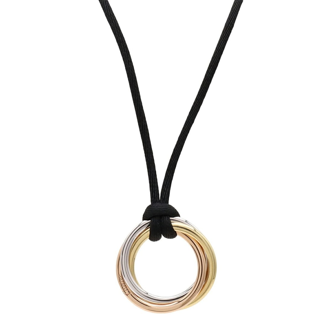 Cartier Trinity Necklace, Medium, 3 Colors: 18K Yellow Gold, White Pink Cotton Cord: --- Catalog ---Category: SizePendant Size: 26mm / 1.02''Neck Circumference: 56 cm / 22.04''Category: DesignColor: Black, Pink gold, White gold, Yellow goldGender: WomenMaterial: Cotton, Pink gold (18K
