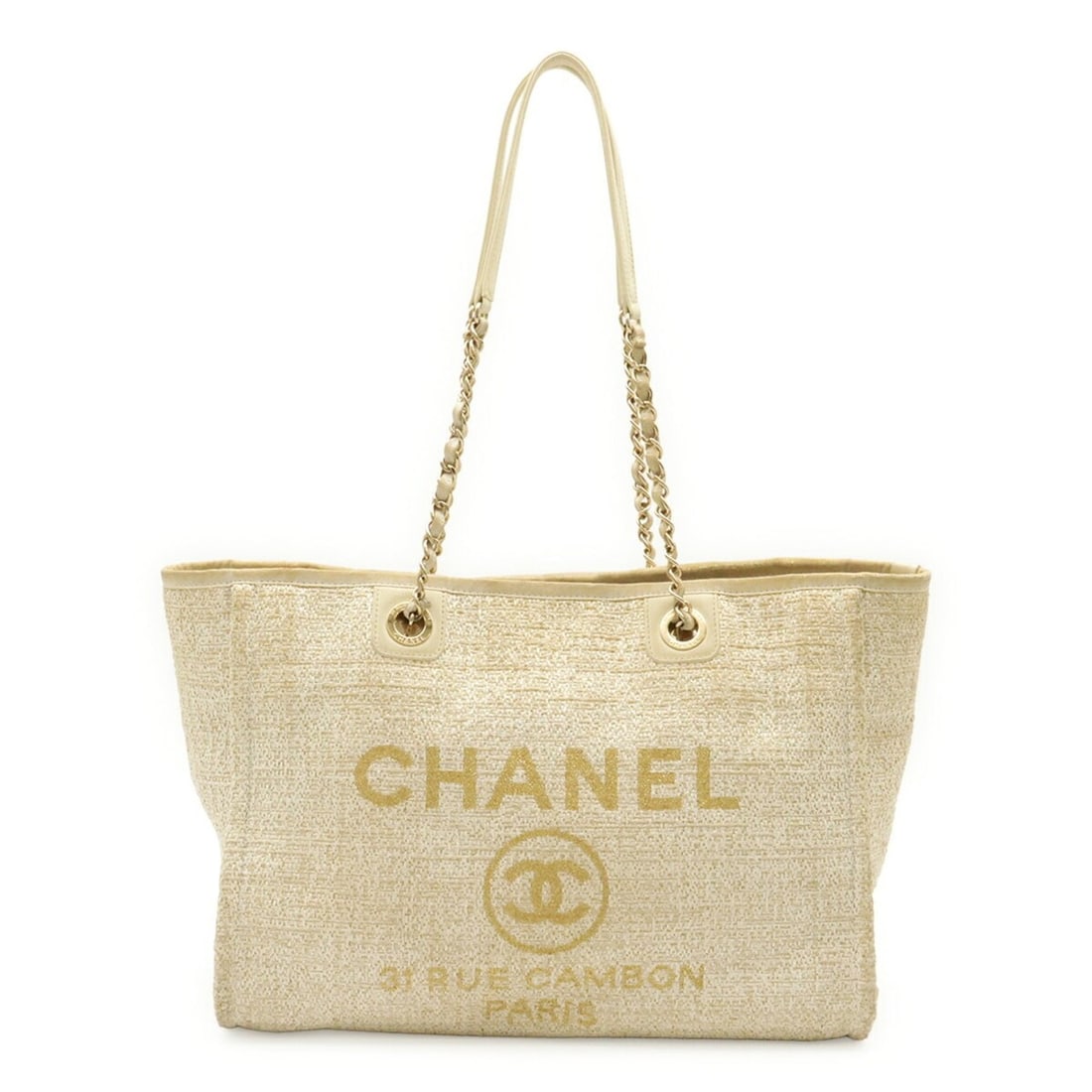 CHANEL Deauville Line Tote MM Medium Bag Chain Shoulder White Gold A67001: --- Catalog ---Category: SizeSize (HxWxD): 27cm x 34cm x 15cm / 10.62'' x 13.38'' x 5.9''Category: DesignType: Shoulder bag, Tote bagColor: WhiteGender: WomenMaterial: Raffia Category: GeneralMPN: A67