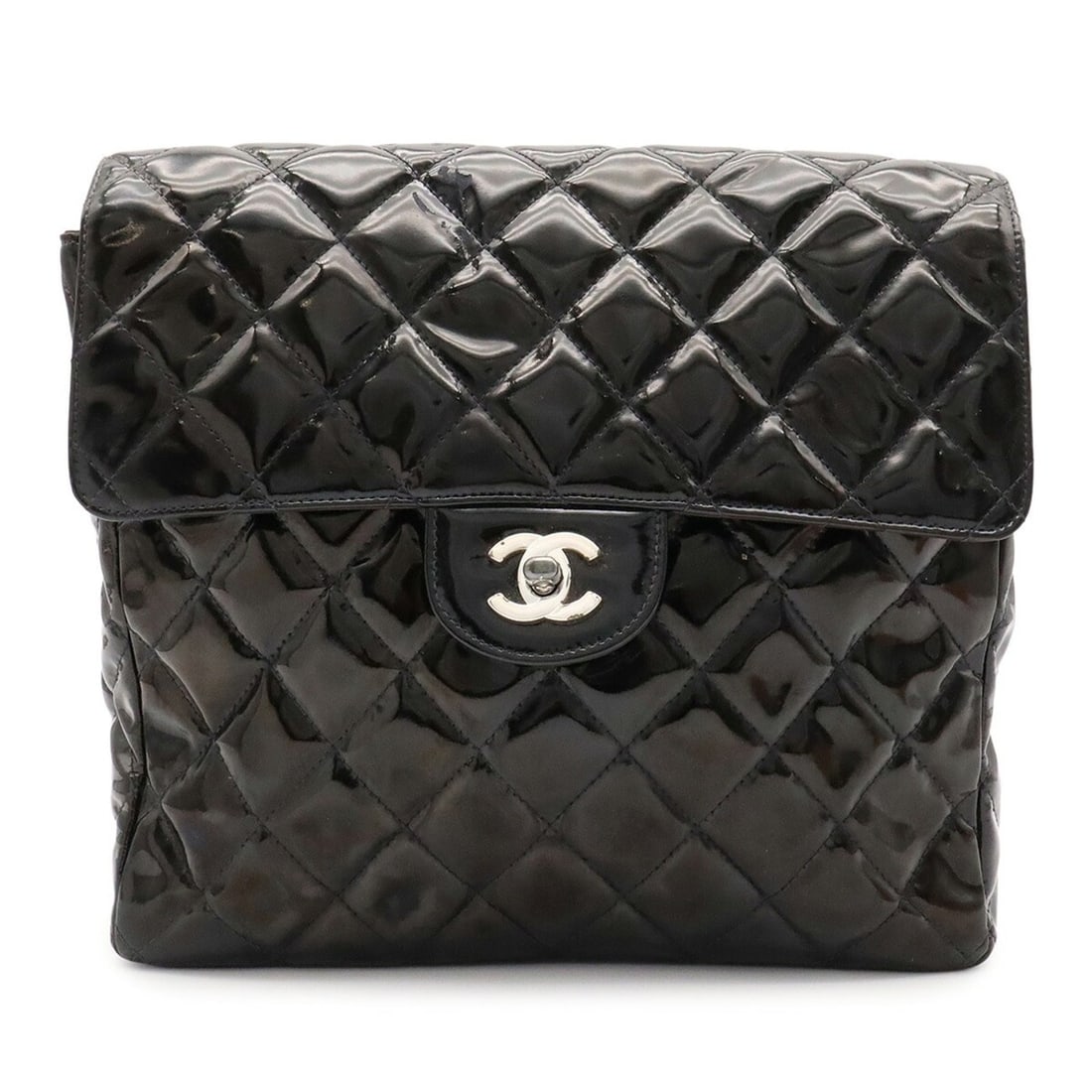 CHANEL Matelassé Coco Mark Backpack, Rucksack, Enamel Patent Leather, Black: --- Catalog ---Category: SizeSize (HxWxD): 24.5cm x 24.5cm x 8cm / 9.64'' x 9.64'' x 3.14''Category: DesignType: BackpackColor: BlackGender: WomenMaterial: Patent leather Category: GeneralBrand: Chane