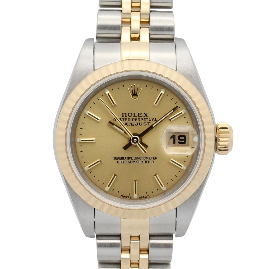 Rolex Datejust Y-serial watch, 18K (yellow gold) stainless steel, ladies', gold-tone champagne bar: --- Catalog ---Category: SizeWrist Size: 16cm / 6.29''Case Diameter: 26mm / 1.02''Category: DesignType: WristwatchGender: WomenColor (Dial): Champagne, GoldMaterial (Band): Stainless steel, Yellow gol