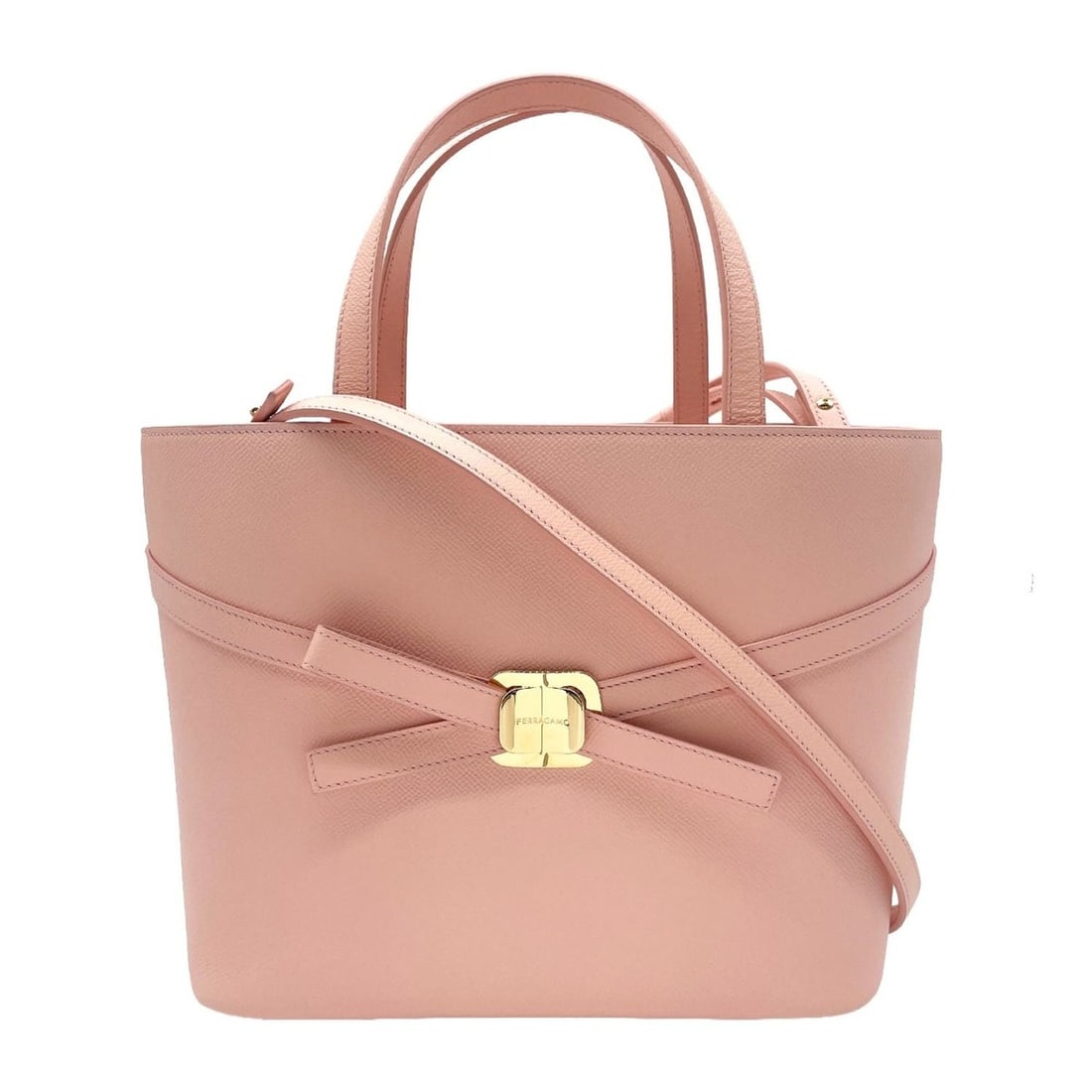 Salvatore Ferragamo New Vara Tote Bag Shoulder Ribbon Leather Pink Women's: --- Catalog ---Category: SizeSize (HxWxD): 22cm x 26cm x 13cm / 8.66'' x 10.23'' x 5.11''Category: DesignType: Shoulder bag, Tote bagColor: PinkGender: WomenMaterial: Leather Category: GeneralBrand: S