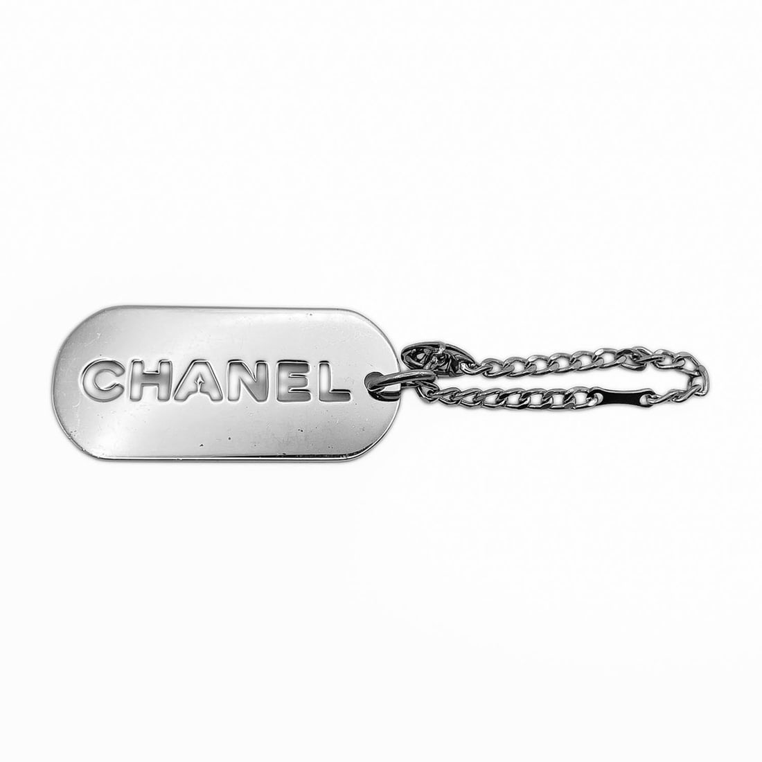 CHANEL Logo Cutout Bag Charm Dog Tag Keychain 04V Metal Silver Women's (1 of 11)
