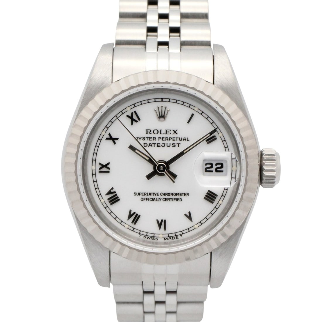 Rolex Datejust T-series watch, 18K white gold (WG) stainless steel, ladies', dial, Roman numerals,: --- Catalog ---Category: SizeWrist Size: 14cm / 5.51''Case Diameter: 26mm / 1.02''Category: DesignType: WristwatchGender: WomenColor (Dial): WhiteMaterial (Band): Stainless steel, White gold (18K)Mate