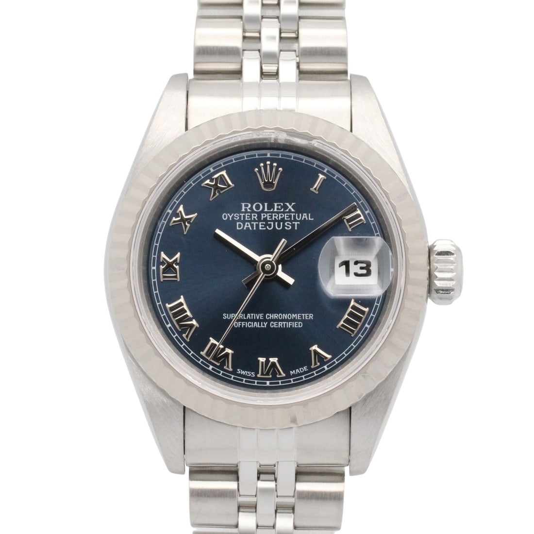 Rolex Datejust T-series watch, 18K white gold (WG) stainless steel, ladies', blue dial, Roman: --- Catalog ---Category: SizeWrist Size: 16.5cm / 6.49''Case Diameter: 26mm / 1.02''Category: DesignType: WristwatchGender: WomenColor (Dial): BlueMaterial (Band): Stainless steel, White gold (18K)Mat