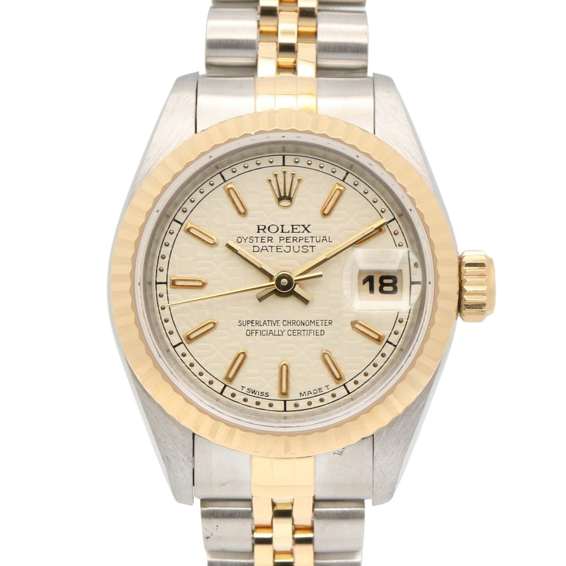 Rolex Datejust T-series watch, 18K (yellow gold) stainless steel, ladies', ivory color, computer bar: --- Catalog ---Category: SizeWrist Size: 14.5cm / 5.7''Case Diameter: 26mm / 1.02''Category: DesignType: WristwatchGender: WomenColor (Dial): IvoryMaterial (Band): Stainless steel, Yellow gold (18K)Ma