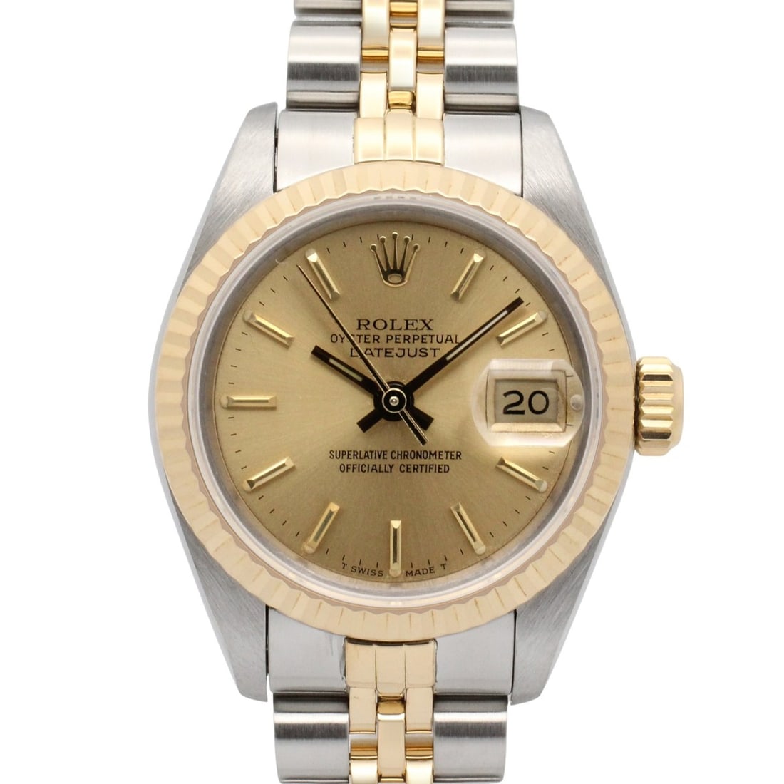 Rolex Datejust R-series watch, 18K (yellow gold) stainless steel, ladies', gold-tone champagne bar: --- Catalog ---Category: SizeWrist Size: 17cm / 6.69''Case Diameter: 26mm / 1.02''Category: DesignType: WristwatchGender: WomenColor (Dial): Champagne, GoldMaterial (Band): Stainless steel, Yellow gol