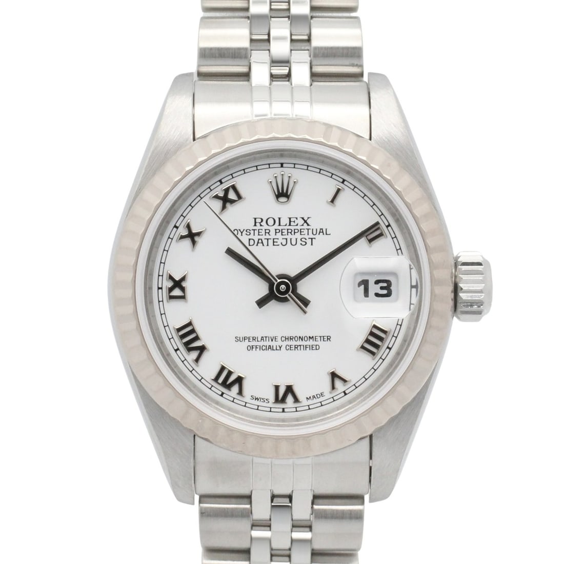 Rolex Datejust F-serial watch, 18K white gold (WG) stainless steel, ladies', dial, Roman numerals,: --- Catalog ---Category: SizeWrist Size: 15.5cm / 6.1''Case Diameter: 26mm / 1.02''Category: DesignType: WristwatchGender: WomenColor (Dial): WhiteMaterial (Band): Stainless steel, White gold (18K)Mat