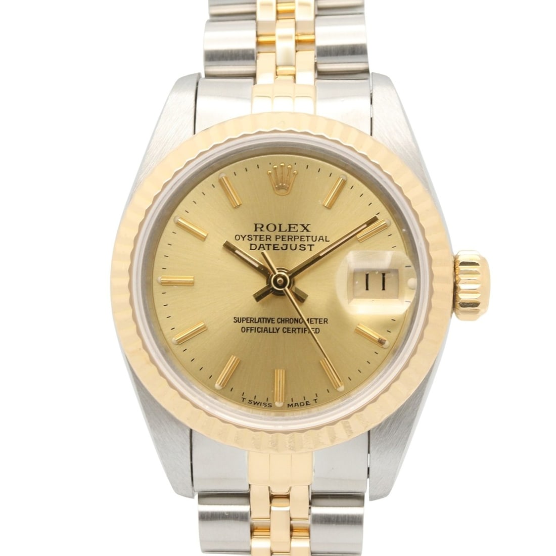 Rolex Datejust E-serial watch, 18K (yellow gold) stainless steel, ladies', gold-tone champagne bar: --- Catalog ---Category: SizeWrist Size: 16cm / 6.29''Case Diameter: 26mm / 1.02''Category: DesignType: WristwatchGender: WomenColor (Dial): Champagne, GoldMaterial (Band): Stainless steel, Yellow gol