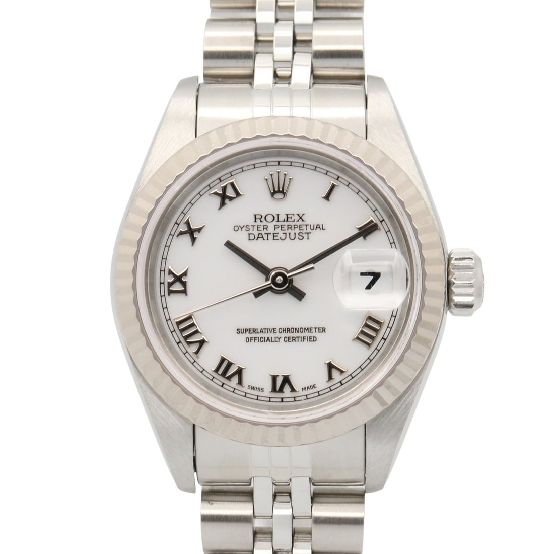 Rolex Datejust A-series watch, 18K white gold (WG) stainless steel, ladies', dial, Roman numerals,: --- Catalog ---Category: SizeWrist Size: 17cm / 6.69''Case Diameter: 26mm / 1.02''Category: DesignType: WristwatchGender: WomenColor (Dial): WhiteMaterial (Band): Stainless steel, White gold (18K)Mate
