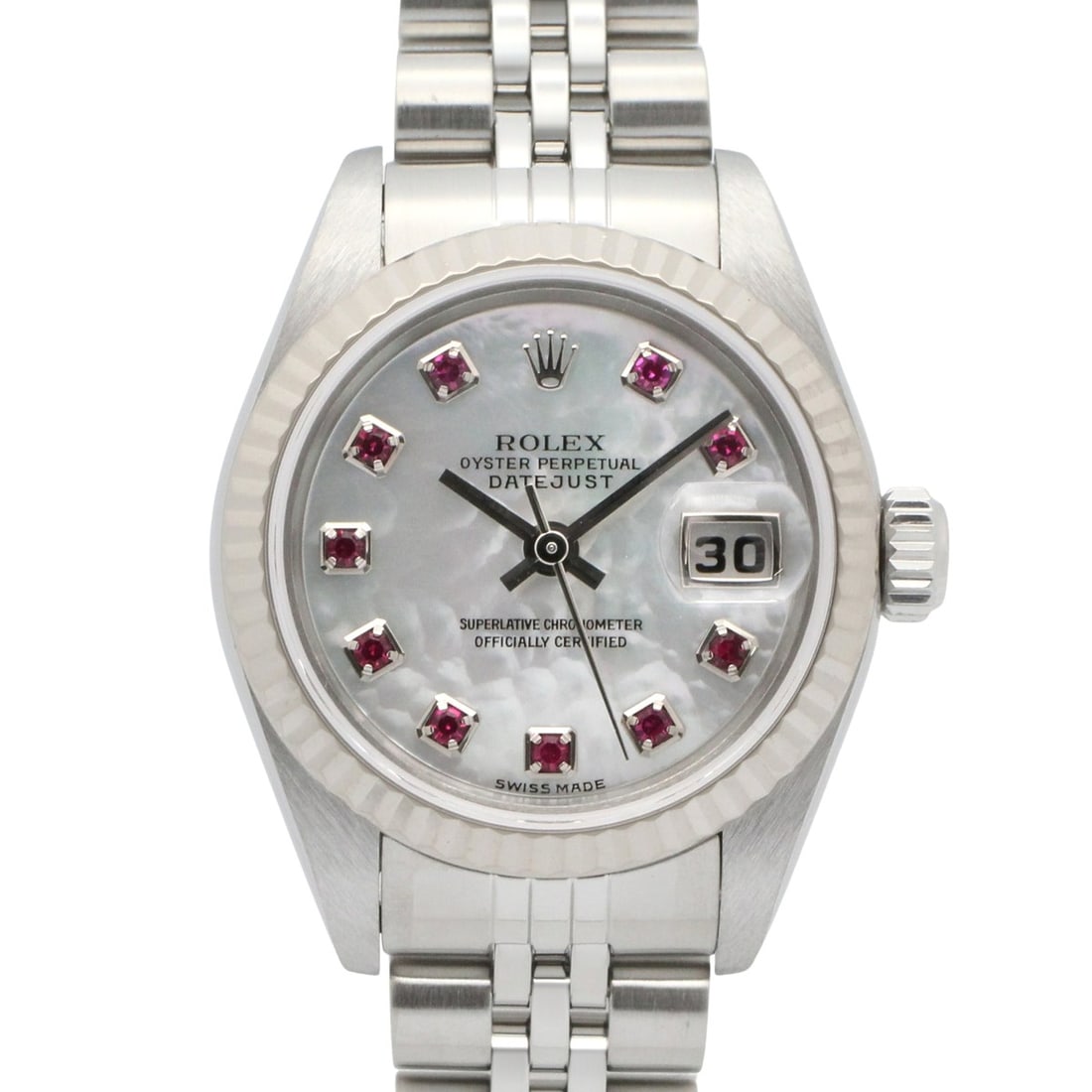 Rolex Datejust 10P Ruby F-serial Watch, 18K White Gold (WG), Stainless Steel, Ruby, Ladies',: --- Catalog ---Category: SizeWrist Size: 15.5cm / 6.1''Case Diameter: 26mm / 1.02''Category: DesignType: WristwatchGender: WomenColor (Dial): White shellMaterial (Band): Stainless steel, White gold (1