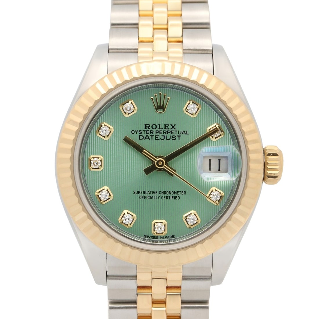 Rolex Datejust 10P Diamond Random Serial Number Watch 18K (Yellow Gold) Stainless Steel Ladies Green: --- Catalog ---Category: SizeWrist Size: 15.5cm / 6.1''Case Diameter: 28mm / 1.1''Category: DesignType: WristwatchGender: WomenColor (Dial): GreenMaterial (Band): Stainless steel, Yellow gold (18K)Mat