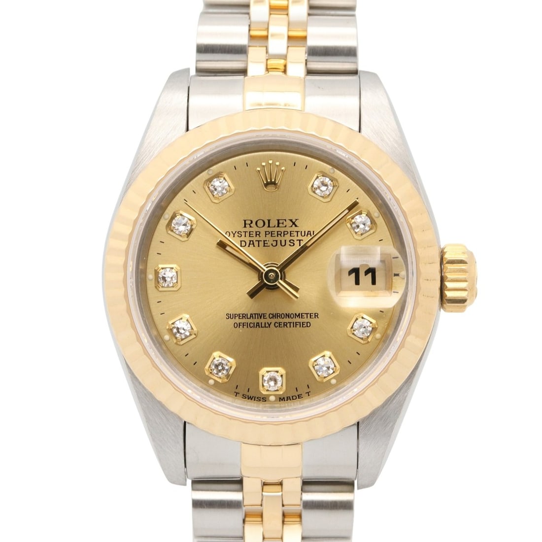 Rolex Datejust 10P Diamond W-serial Wristwatch, 18K (Yellow Gold) Stainless Steel, Diamond, Ladies',: --- Catalog ---Category: SizeWrist Size: 16cm / 6.29''Case Diameter: 26mm / 1.02''Category: DesignType: WristwatchGender: WomenColor (Dial): Champagne, GoldMaterial (Band): Stainless steel, Yellow gol
