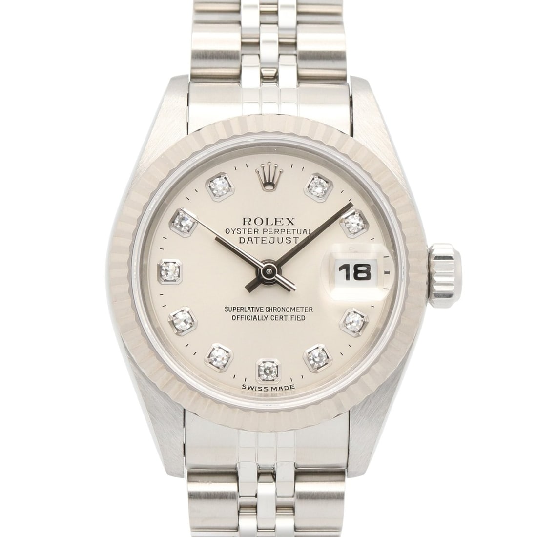 Rolex Datejust 10P Diamond U-serial Watch, 18K White Gold (WG) Stainless Steel, Diamond, Ladies',: --- Catalog ---Category: SizeWrist Size: 17cm / 6.69''Case Diameter: 26mm / 1.02''Category: DesignType: WristwatchGender: WomenColor (Dial): SilverMaterial (Band): Stainless steel, White gold (18K)Mat