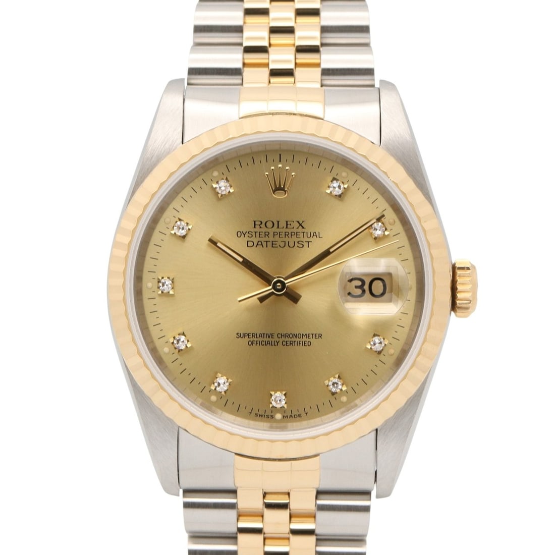 Rolex Datejust 10P Diamond Watch, R-serial number, 18K (Yellow Gold) Stainless Steel, Men's, Gold: --- Catalog ---Category: SizeWrist Size: 17.5cm / 6.88''Case Diameter: 36mm / 1.42''Category: DesignType: WristwatchGender: MenColor (Dial): Champagne, GoldMaterial (Band): Stainless steel, Yellow gol