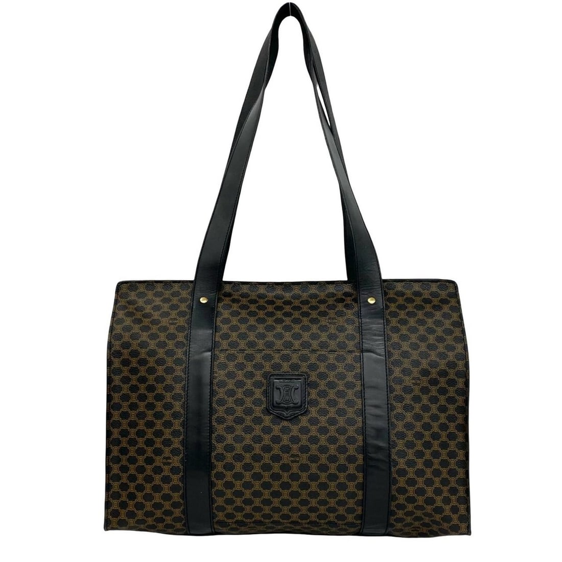 CELINE Vintage Macadam Blazon Pattern Leather Tote Bag Handbag Brown Black 29973: --- Catalog ---Category: SizeSize (HxWxD): 28cm x 39.5cm x 13cm / 11.02'' x 15.55'' x 5.11''Category: DesignType: Handbag, Tote bagColor: Black, BrownGender: WomenMaterial: PVC , Leather Category: Gen
