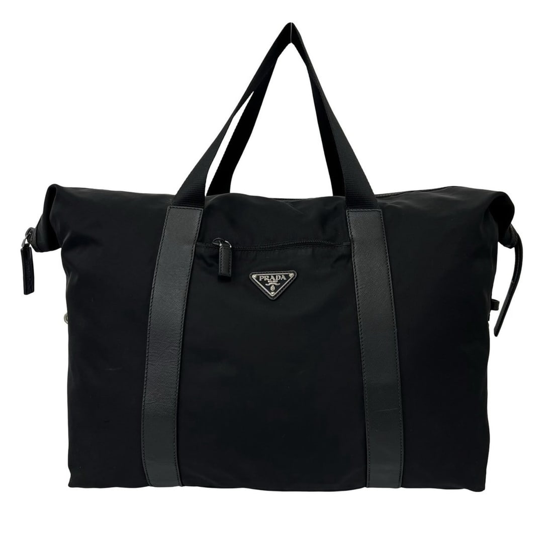 PRADA Triangle Logo Hardware Tessuto Pocono Nylon Saffiano Leather Boston Bag Travel Black 86602: --- Catalog ---Category: SizeSize (HxWxD): 39cm x 63.5cm x 35cm / 15.35'' x 25'' x 13.77''Category: DesignType: Boston bagColor: BlackGender: WomenMaterial: Nylon , Leather Category: GeneralBrand: Pra