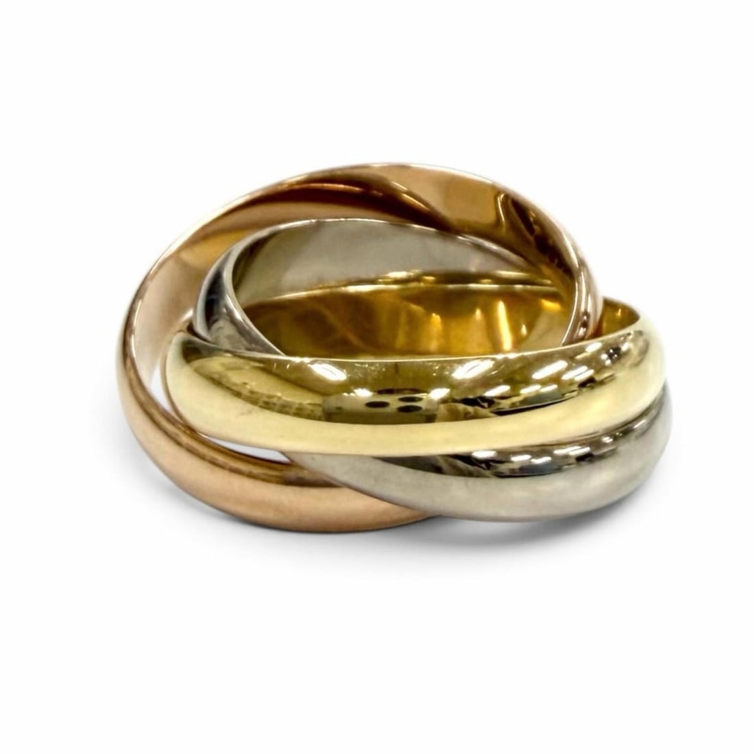 Cartier Trinity Ring Classic Model 750 (YG PG WG) Yellow Gold Pink White Size 53 Weight 10.56g: --- Catalog ---Category: SizeUS Size: 6.5Brand Size: 53Category: DesignType: Band ringColor: Pink gold, White gold, Yellow goldGender: WomenMaterial: Pink gold (18K), White gold (18K), Yellow gold (18