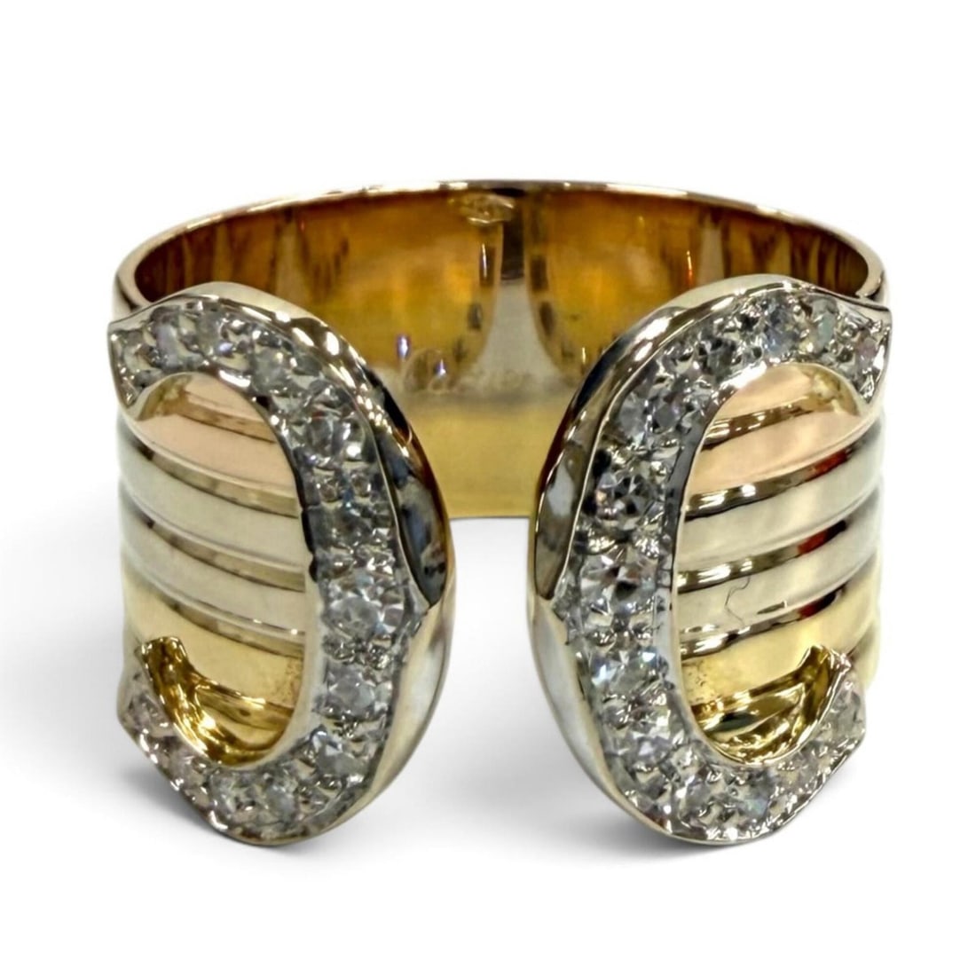 Cartier 750 (YG PG WG) Diamond 2C Double C Large LM Three-Color Ring, Yellow Gold, Pink White Size: --- Catalog ---Category: SizeUS Size: 7Brand Size: 54Category: DesignType: Band ringColor: Pink gold, White gold, Yellow goldStone: DiamondGender: WomenCategory: GeneralBrand: Cartier--- Item List ---