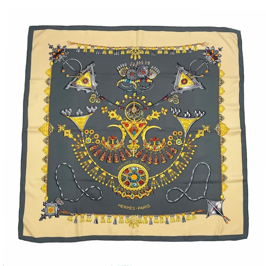HERMES Carre 90 PARURES DES SABLES (Desert Accessories) Gemstone Pattern Scarf/Muffler, Silk, Green, (1 of 9)