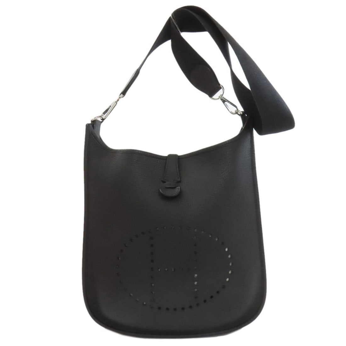 Hermes Evelyne 1 PM Shoulder Bag with Silver Hardware, Taurillon Leather, Women's: --- Catalog ---Category: SizeSize (HxWxD): 28cm x 27cm x 7cm / 11.02'' x 10.62'' x 2.75''Category: DesignType: Shoulder bagColor: BlackGender: WomenMaterial: Taurillon clemence leather Category: Gener