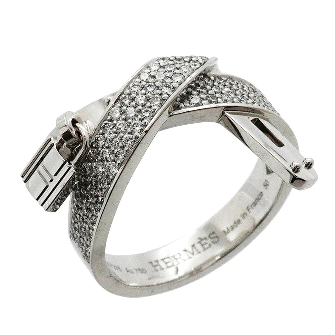 Hermes Kelly Gavroche Ring, 18K White Gold, Diamond, Size #50, Women's, OP023275: --- Catalog ---Category: SizeUS Size: 5.5Brand Size: 50Category: DesignType: Band ringStone: DiamondGender: WomenMaterial: White gold (18K)Category: GeneralBrand: Hermes--- Item List ---Section: Condi