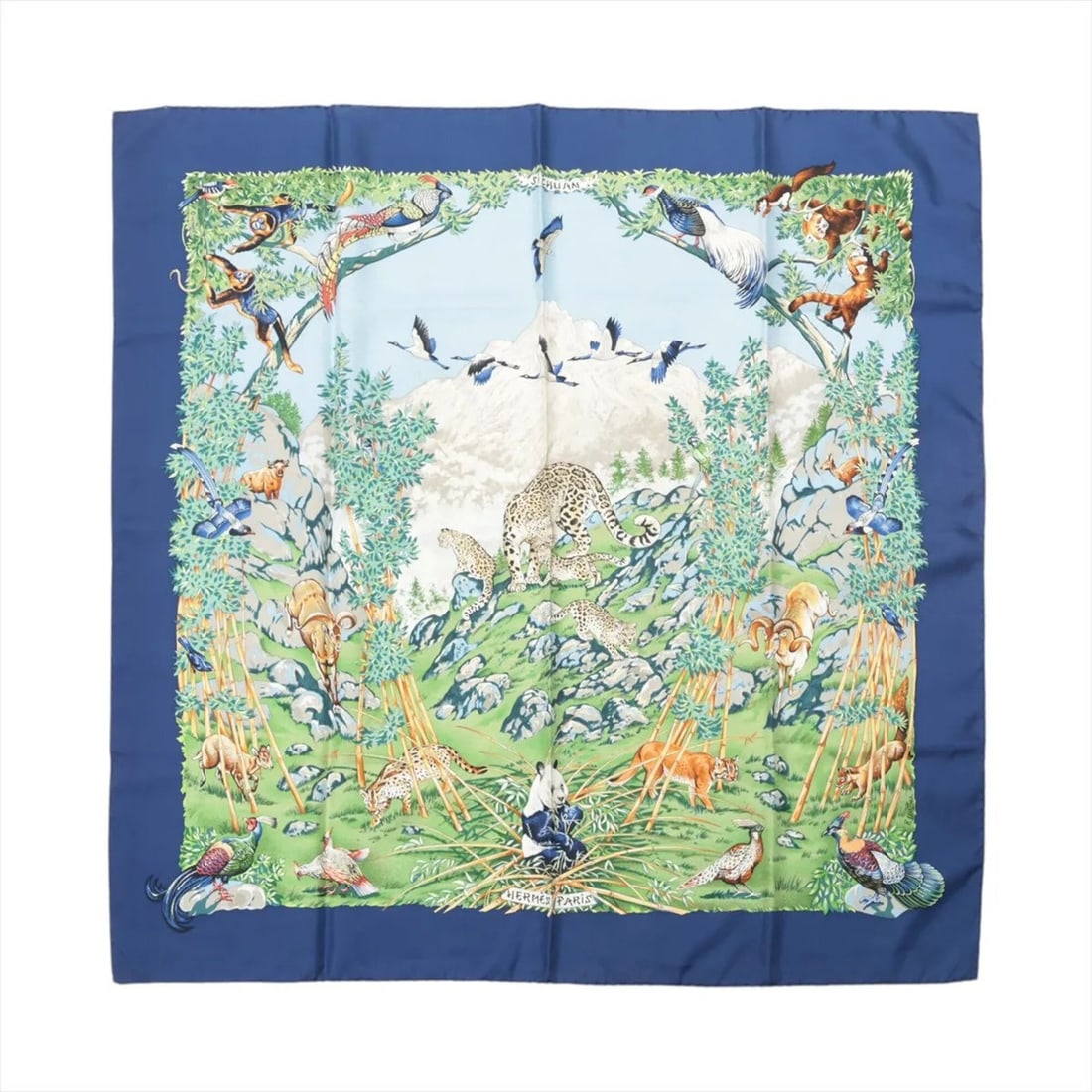 Hermes Carre 90 Sichuan Panda Scarf with Tag, 100% Silk, C Mark, Silk Stole, Women's.: --- Catalog ---Category: SizeSize (LxW): 86.5cm x 86.5cm / 34.05'' x 34.05''Category: DesignType: ScarfColor: NavyGender: WomenMaterial: Silk Category: GeneralBrand: HermesCountry of Origin: France---