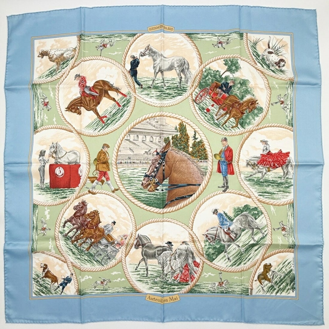 Hermes scarf/muffler, carré 90, "May in Auteuil," silk, light blue/green, large size, dog/horse: --- Catalog ---Category: SizeSize (LxW): 89cm x 90cm / 35.03'' x 35.43''Category: DesignType: ScarfColor: Green, Light blue, Multi-colorGender: Men,WomenMaterial: Silk Category: GeneralBrand: HermesCo