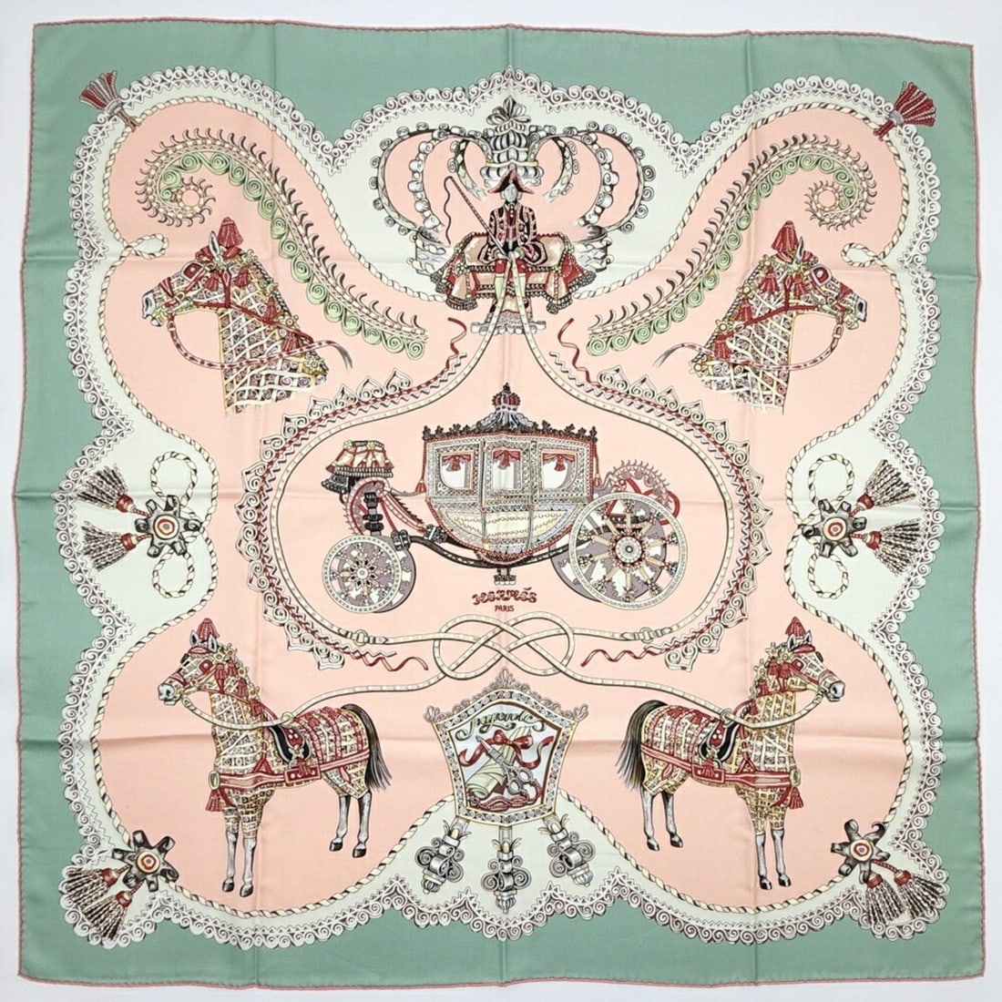 Hermes scarf/muffler, Carre 90, Carriage and Nobleman, Silk, Pink/Green, Large Size, Horse, Tassel,: --- Catalog ---Category: SizeSize (LxW): 88cm x 88cm / 34.64'' x 34.64''Category: DesignType: ScarfColor: Green, Multi-color, Pink, WhiteGender: Women,MenMaterial: Silk Category: GeneralBrand: