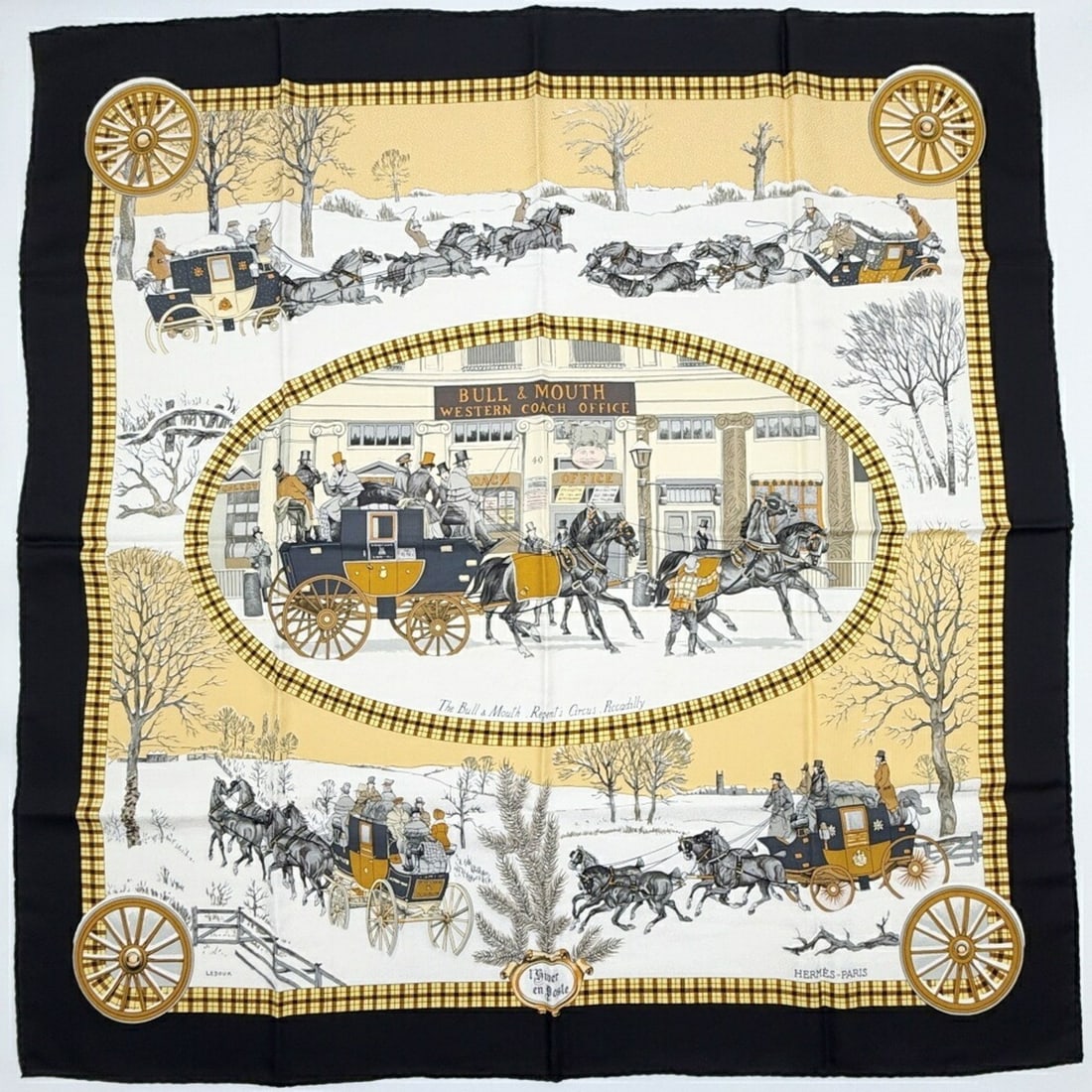 Hermes scarf/muffler, Carre 90, "L'Hiver en Poste" (Post Coach), silk, black and yellow, large size.: --- Catalog ---Category: SizeSize (LxW): 88cm x 89cm / 34.64'' x 35.03''Category: DesignType: ScarfColor: Black, Multi-color, White, YellowGender: WomenMaterial: Silk Category: GeneralBrand: HermesCou