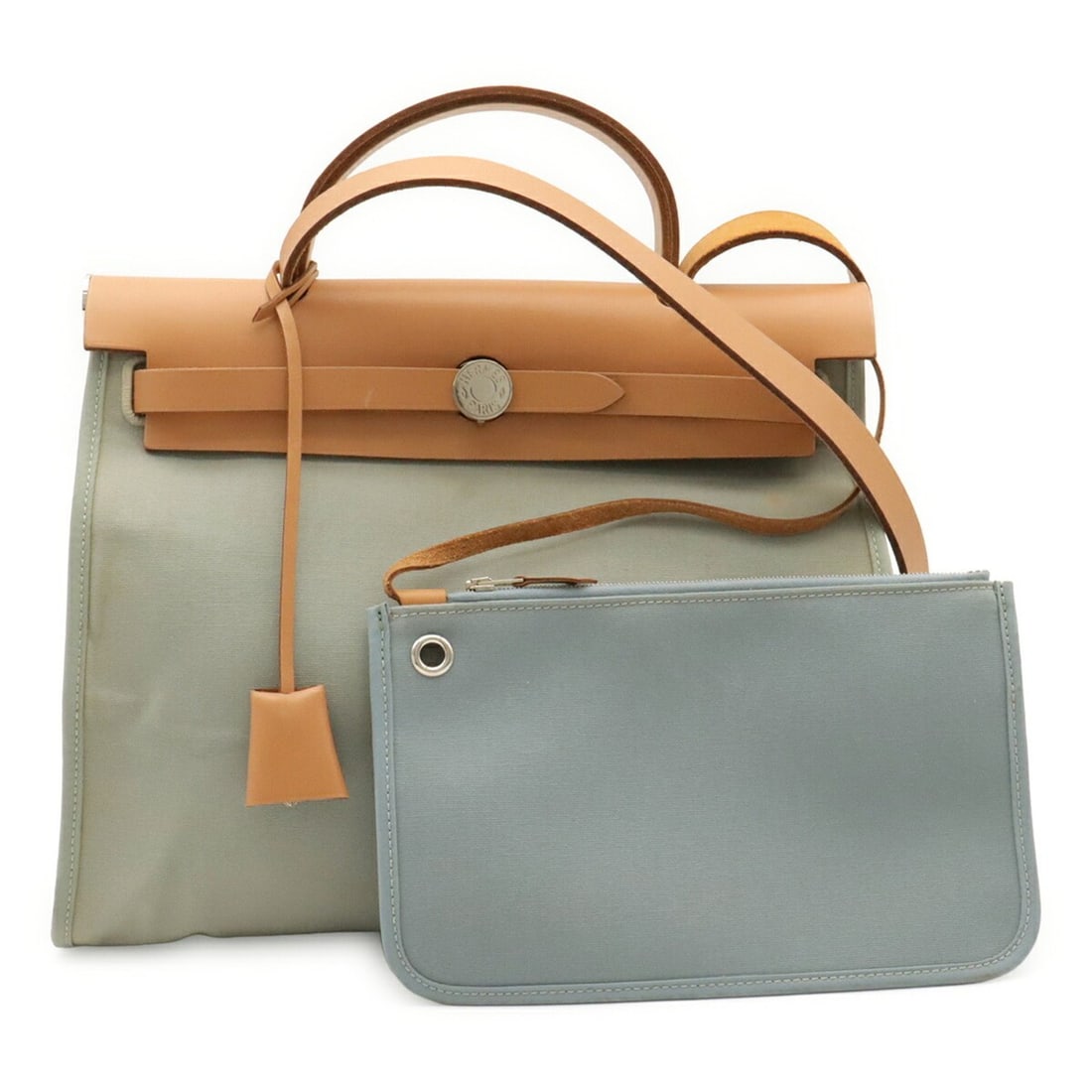 HERMES Hermès Herbag Zip PM Handbag Shoulder Bag Toile Officier Ciel Mint Blue ?Q Stamp: --- Catalog ---Category: SizeSize (HxWxD): 25cm x 31cm x 10cm / 9.84'' x 12.2'' x 3.93''Category: DesignType: Handbag, Pouch, Shoulder bagColor: Ciel, Mint blueGender: WomenMaterial: Toile officier