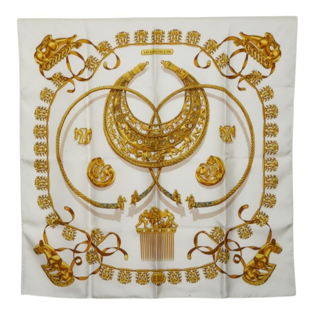 Hermes Carre 90 LES CAVALIERS D'OR (Golden Knights) Scarf/Muffler, Large Scarf, White/Yellow Silk,: --- Catalog ---Category: SizeSize (LxW): 89.5cm x 89cm / 35.23'' x 35.03''Category: DesignType: ScarfColor: White, YellowGender: WomenCategory: GeneralBrand: Hermes--- Item List ---Section: ConditionR