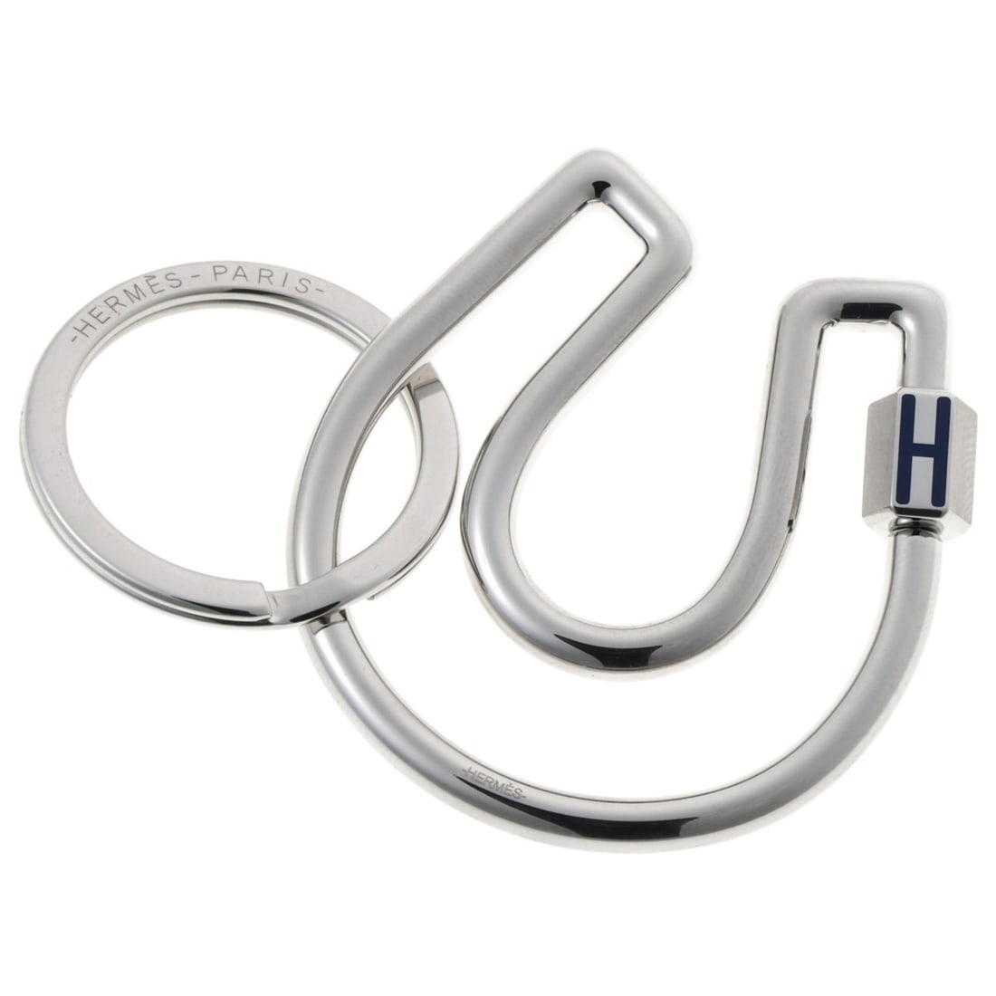 Hermes/HERMES Keychain, Faire à Cheval Keyring, Metal, Silver/Navy: --- Catalog ---Category: SizeSize (HxWxD): 5cm x 4.6cm / 1.96'' x 1.81''Ring Diameter: 3cm / 1.18''Category: DesignType: KeyringColor: Navy, SilverGender: Women,MenMaterial: MetalCategory: GeneralBran